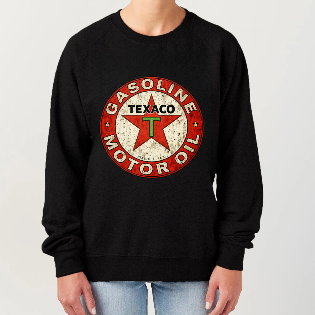 TEECURENT Texaco Gasoline Motor Oil Logo Sweatshirt Unisex Crewneck Pullover Sweatshirt Retro Vintage Style Black Sweatshirt