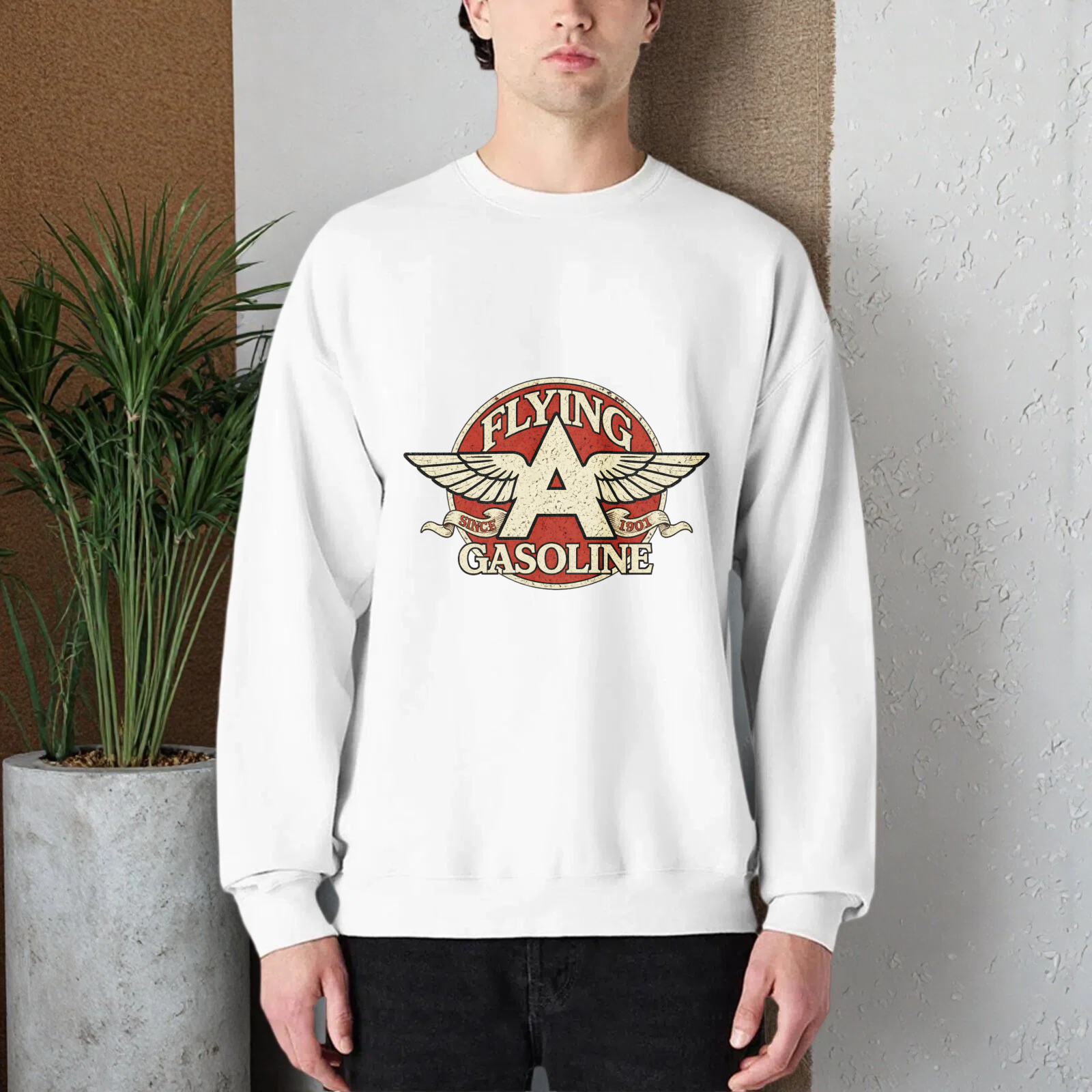 TEECURENT Flying A Gasoline Logo Sweatshirt Black Crewneck Pullover Vintage Aviator Design Men Women Unisex Casual Top