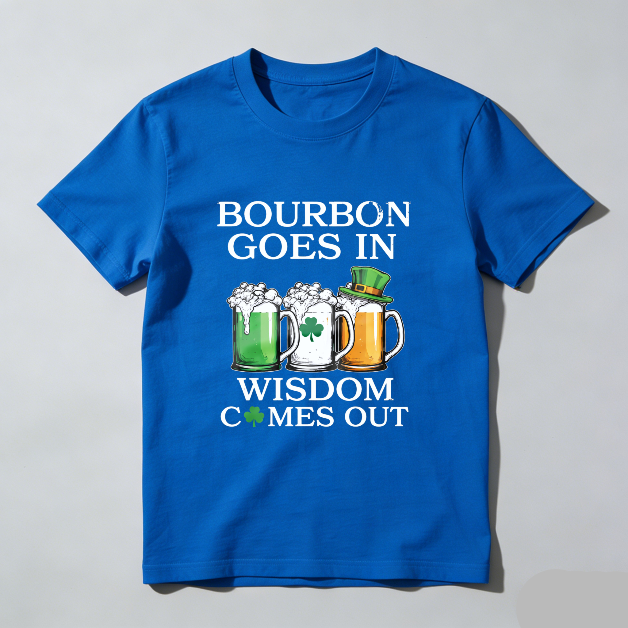 TEECURENT Bourbon Goes In Wisdom Comes Out St Patrick's Day Beer Shirt With Shamrock And Mug Design For Men Women Unisex T-Shirt