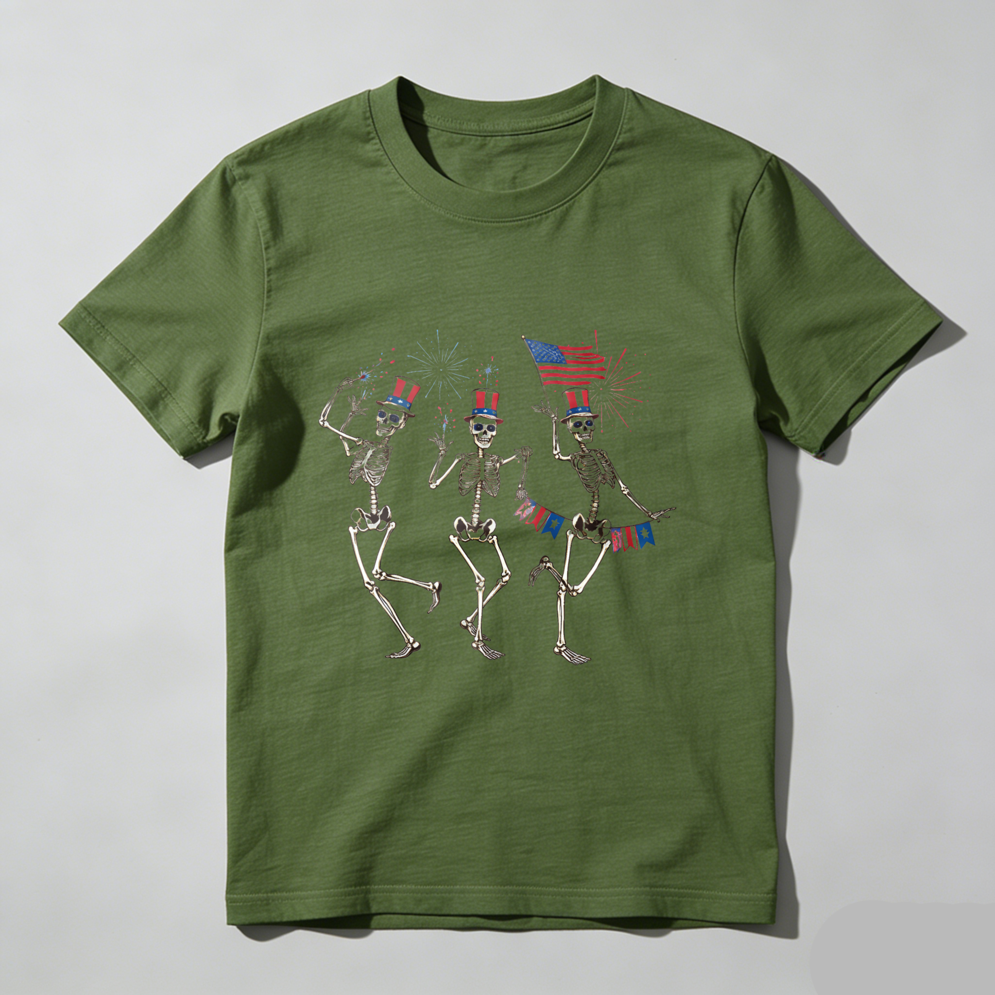 TEECURENT Skeletons Dancing With American Flag And Fireworks Independence Day Patriotic T Shirt WOMEN