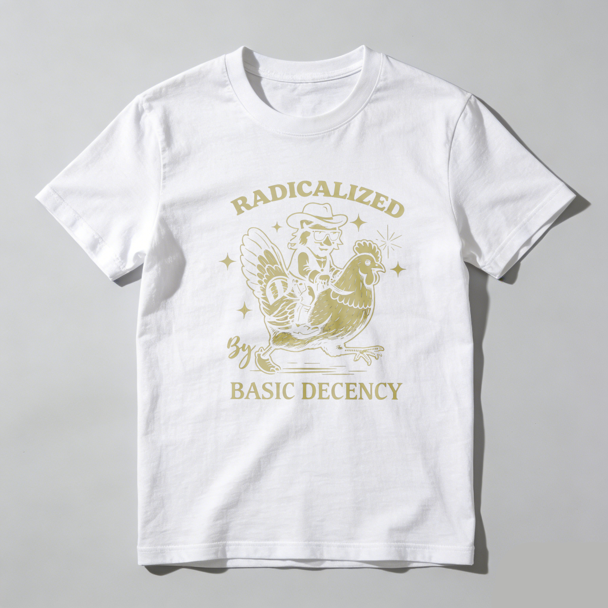 TEECURENTRadicalized By Basic Decency T Shirt With Chicken And Cowboy Graphic Design Black Cotton Men Women Unisex Apparel-TeeCurent