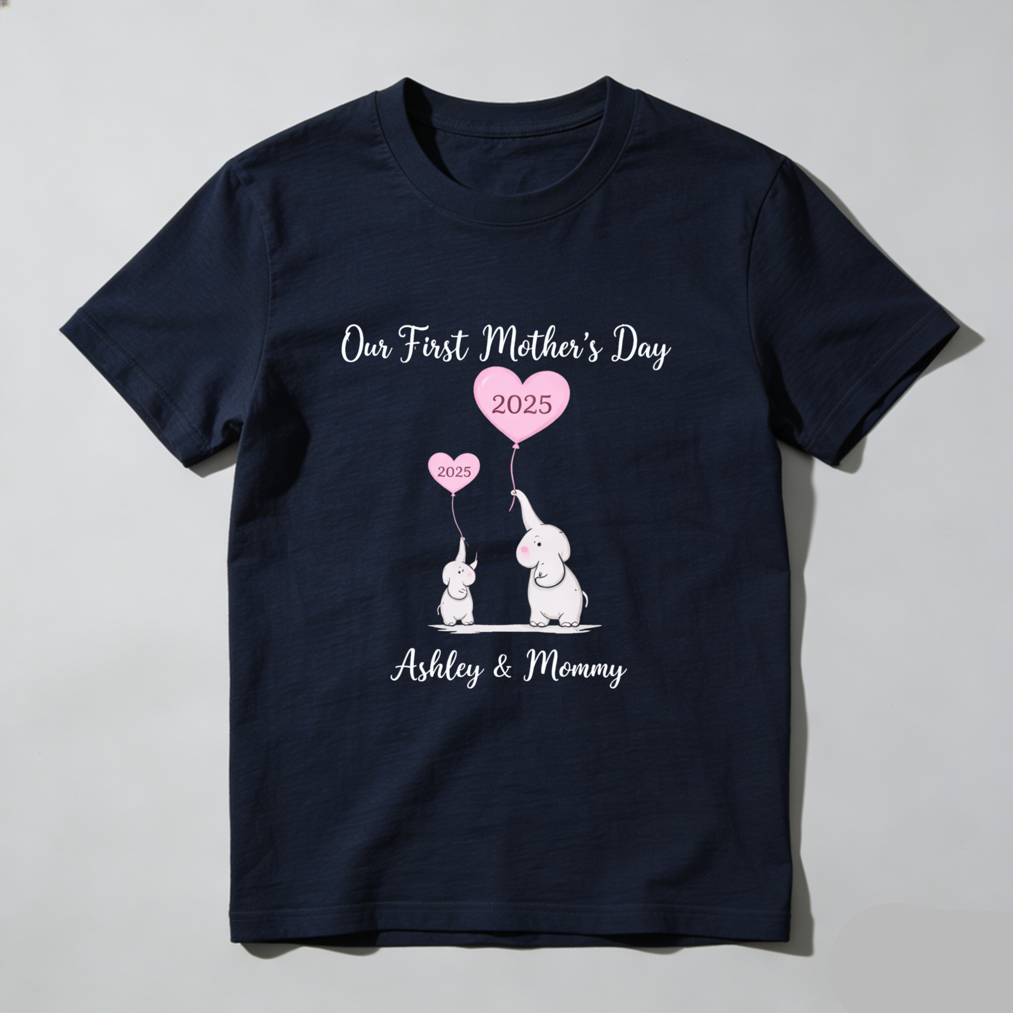 TEECURENT Our First Mothers Day 2025 Elephant Mom And Baby Shirt Ashley And Mommy Custom Motherhood Gift T-Shirt WOMEN