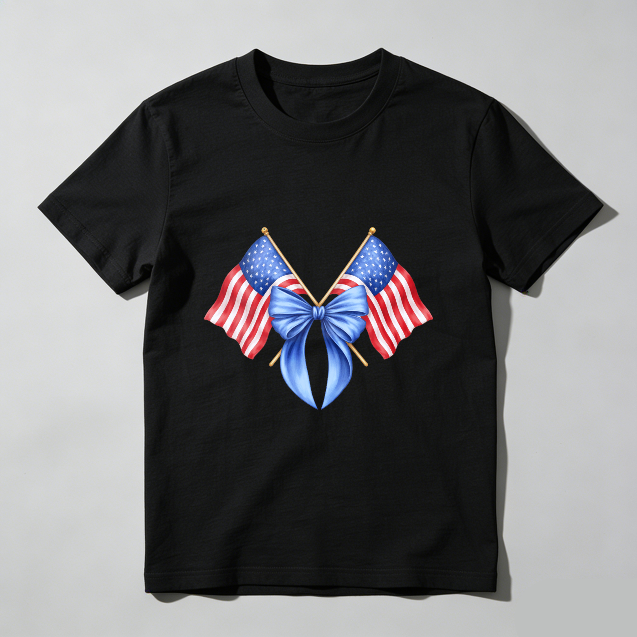 TEECURENT American Flag Crossed With Blue Bow Patriotic T Shirt WOMEN