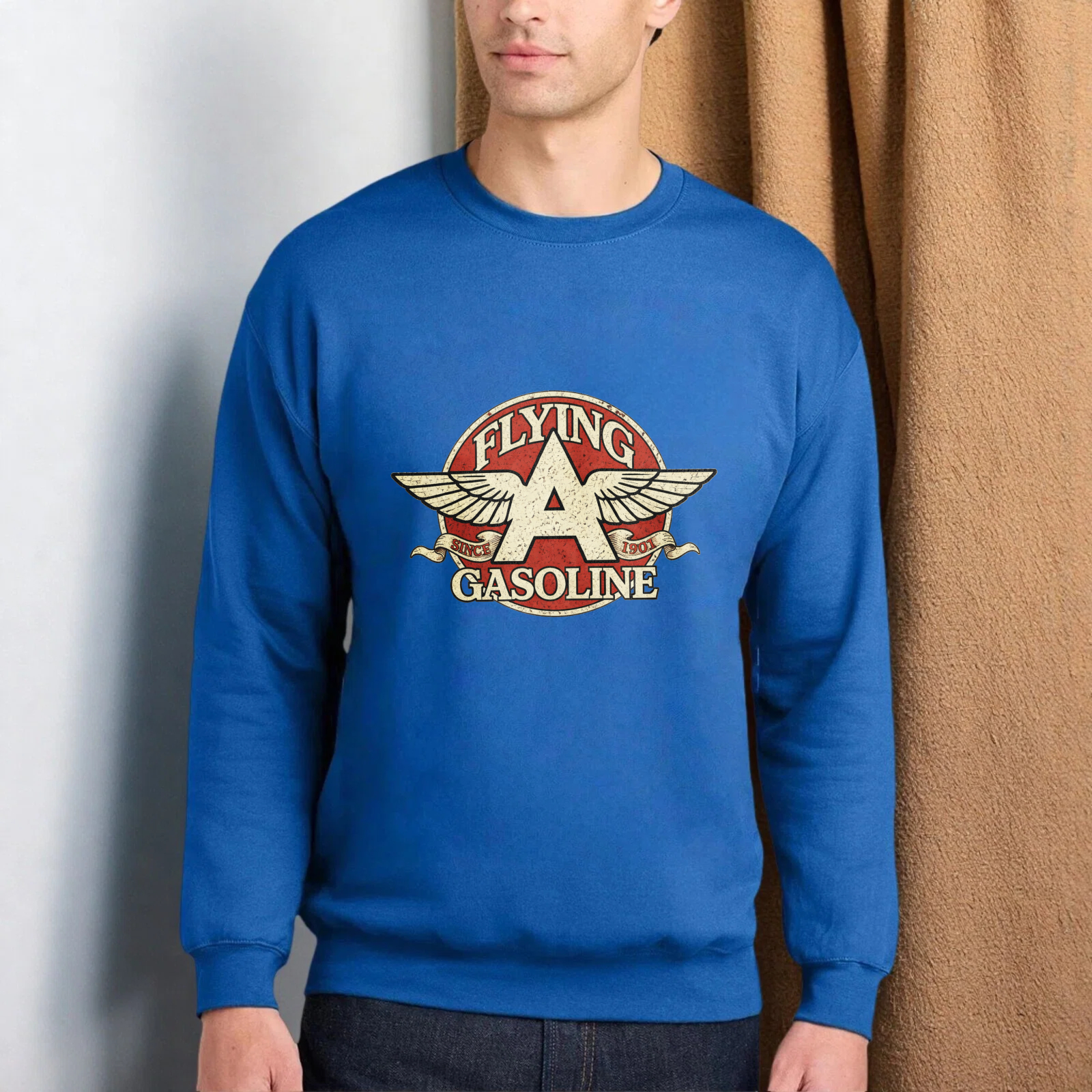 TEECURENT Flying A Gasoline Logo Sweatshirt Black Crewneck Pullover Vintage Aviator Design Men Women Unisex Casual Top