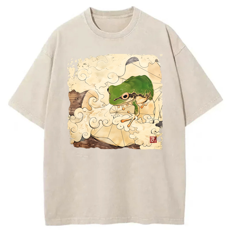 Frog On Clouds With Traditional Art Style tshirt 100% cotton