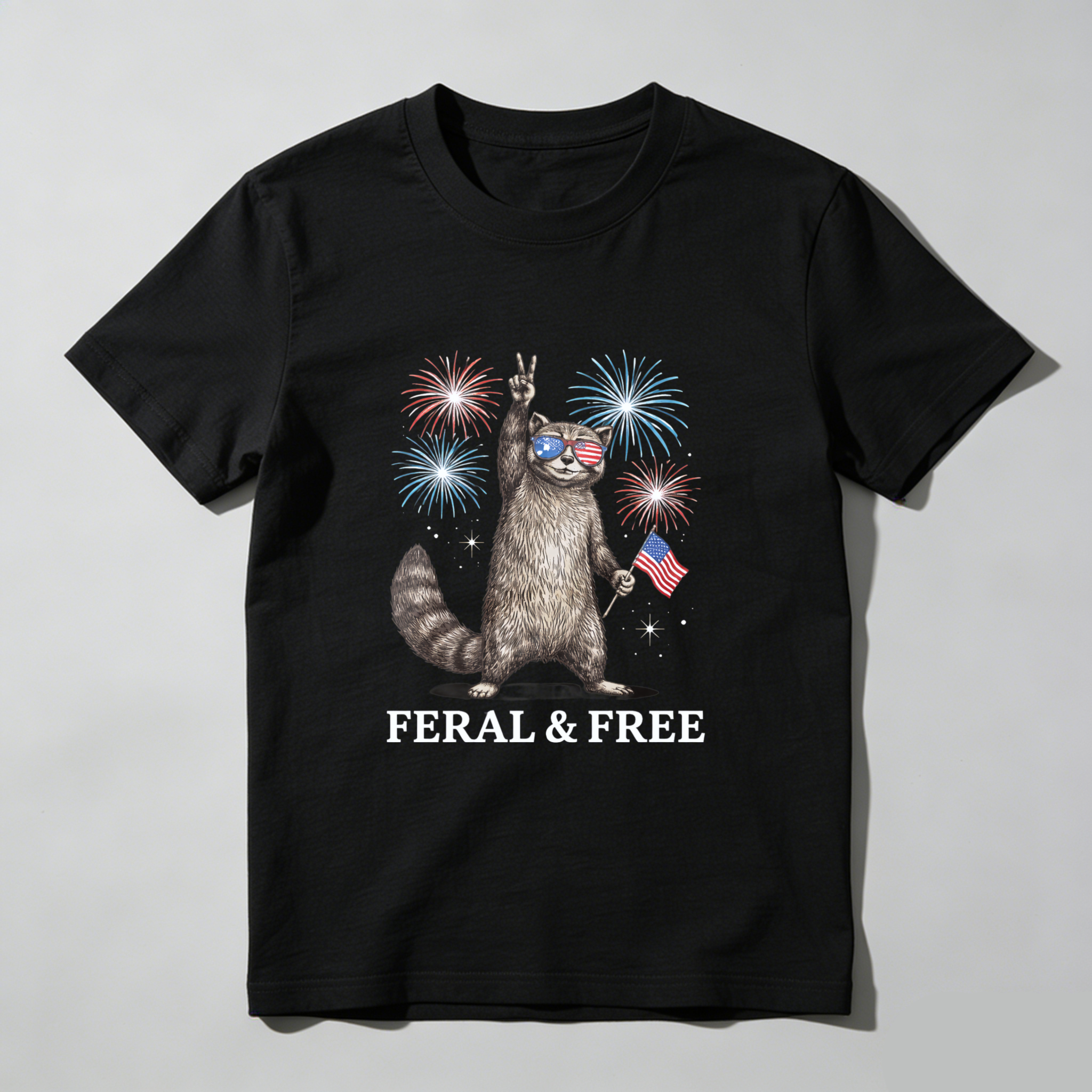 TEECURENT Feral And Free Cat With American Flag And Fireworks T Shirt WOMEN