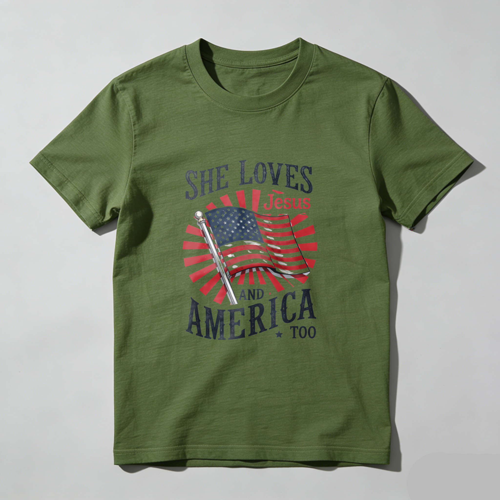 TEECURENT She Loves Jesus And America Too Patriotic Christian T Shirt For Women American Flag Design Black Cotton Top WOMEN