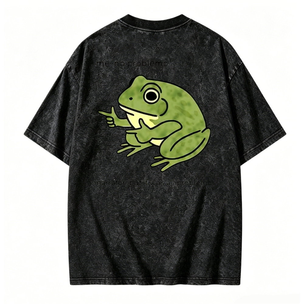 Cute Green Frog Pointing Graphic Washed T-shirt
