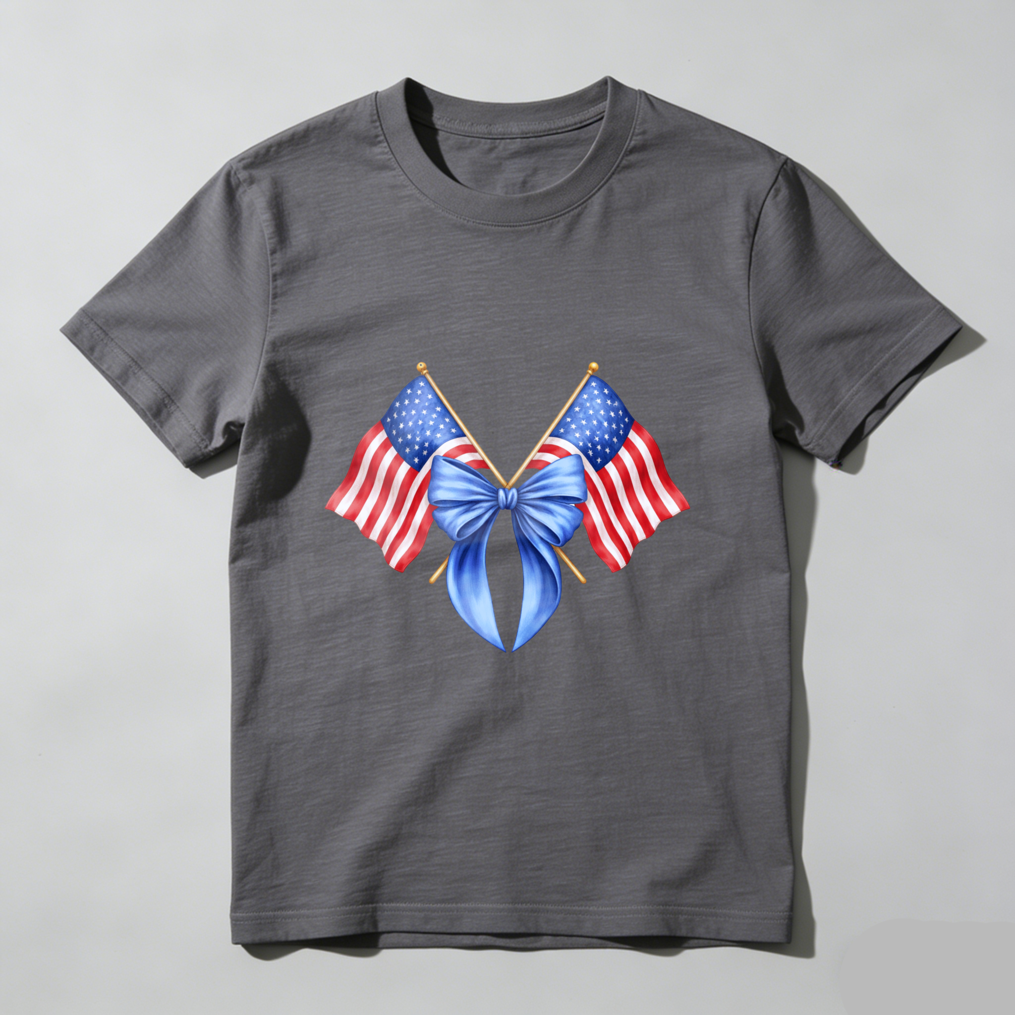 TEECURENT American Flag Crossed With Blue Bow Patriotic T Shirt WOMEN