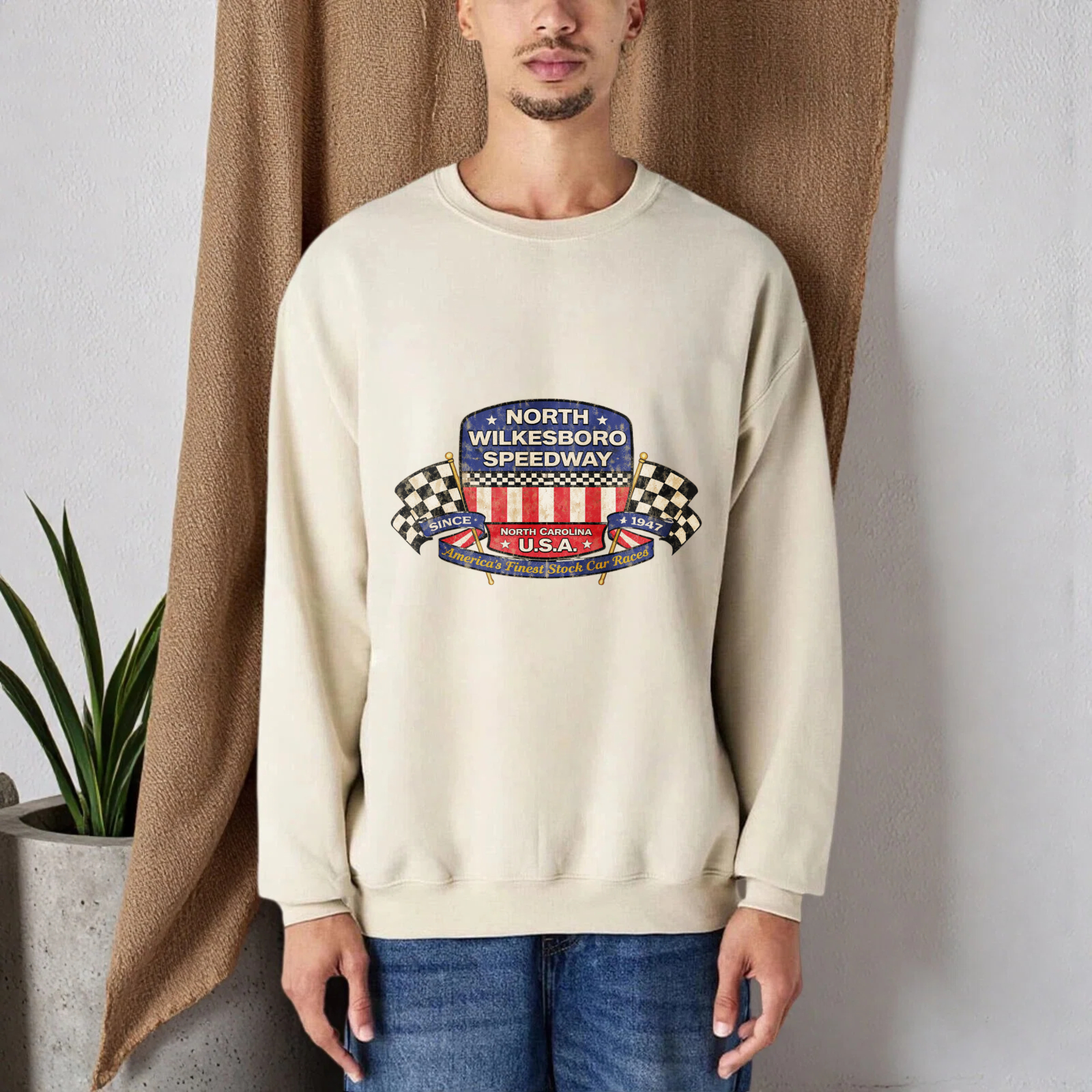 TEECURENT North Wilkesboro Speedway Usa Racing Sweatshirt Black Crewneck Long Sleeve Pullover Shirt