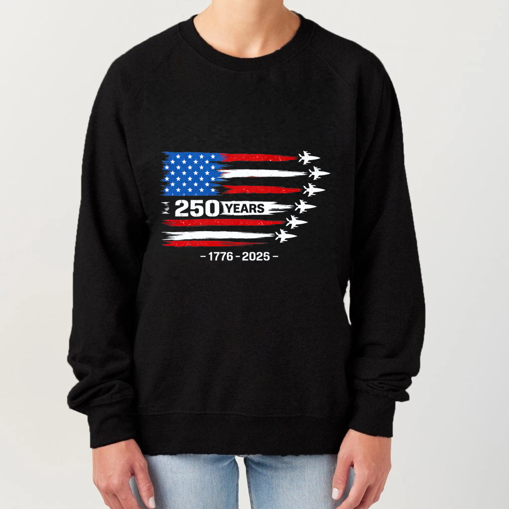 American Flag 250 Years Independence Day 1776 2025 Celebration Sweatshirt Black Unisex Crewneck Pullover Long Sleeve Casual Top