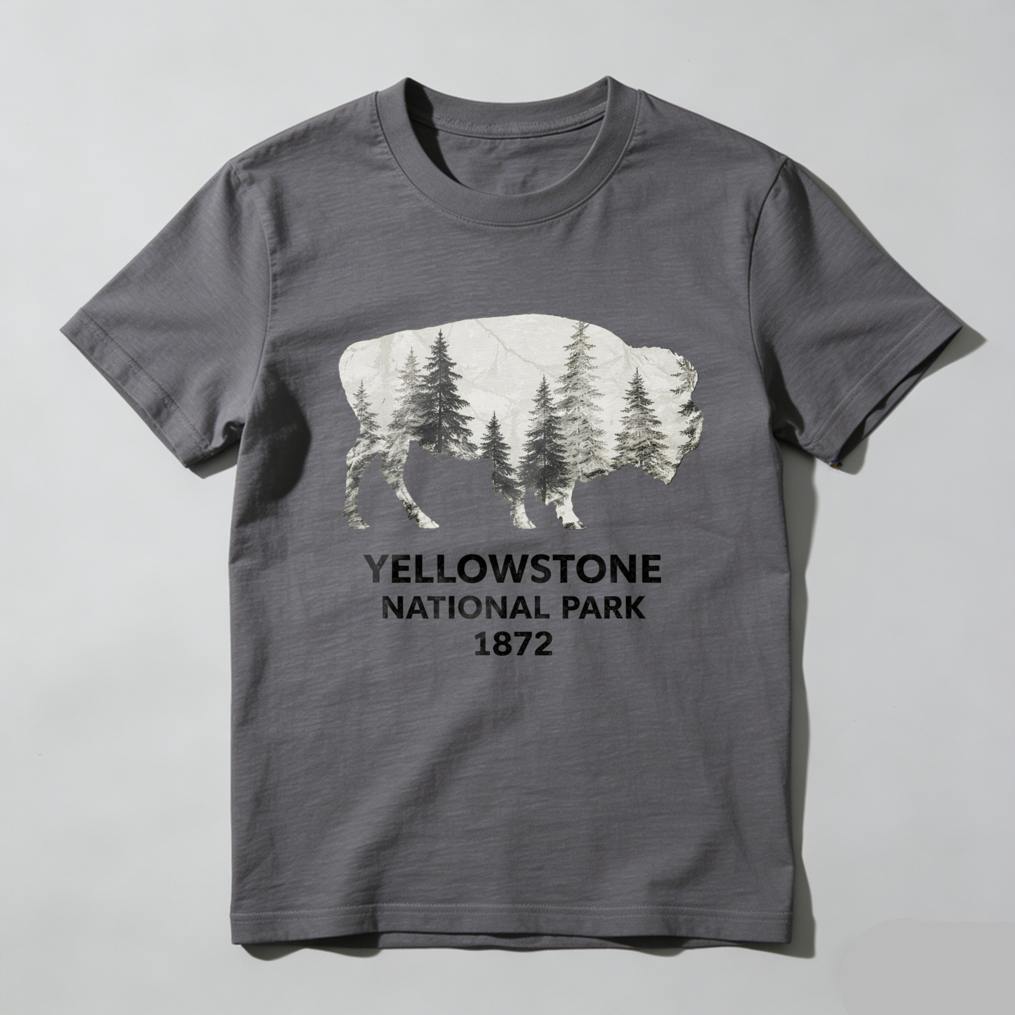 TEECURENT Yellowstone National Park Bison Forest Design T-Shirt 1872 Wildlife Nature Graphic Men's Black Shirt