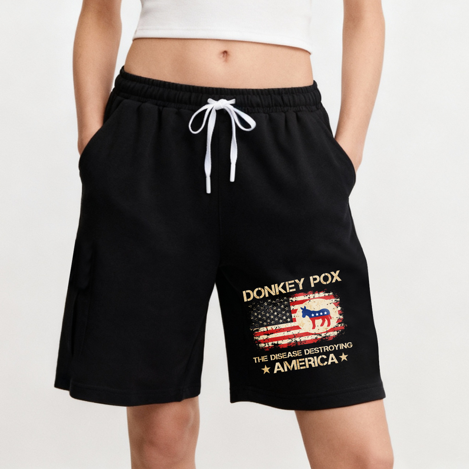 TEECURENT Donkey Pox The Disease Destroying America Political Statement Shorts Men Women Casual Beach Wear Graphic Print Drawstring Pants