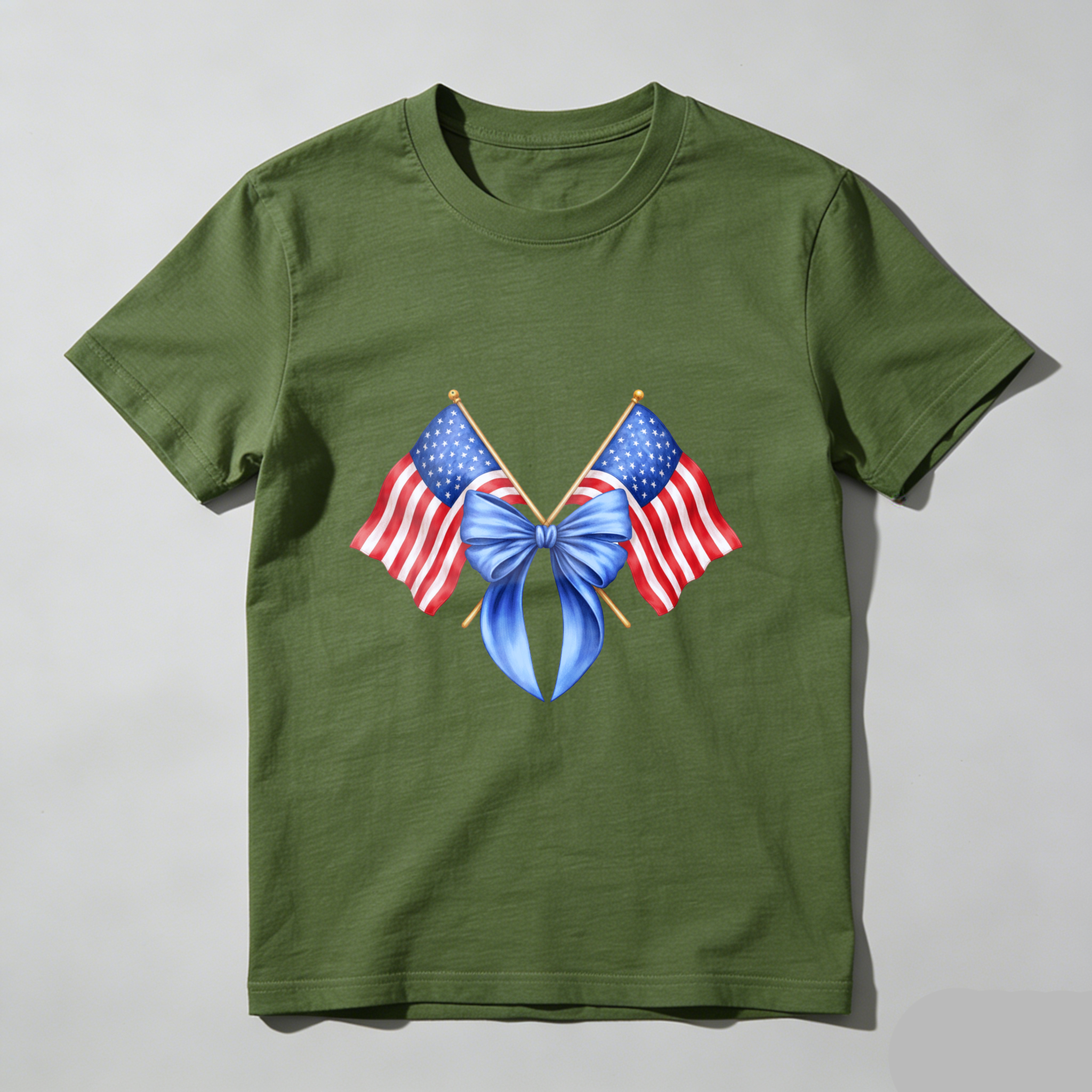 TEECURENT American Flag Crossed With Blue Bow Patriotic T Shirt WOMEN