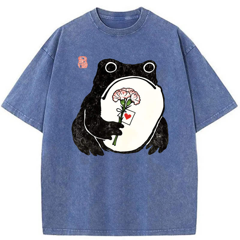 Frog Holding Flower With Heart Tag tshirt 100% cotton