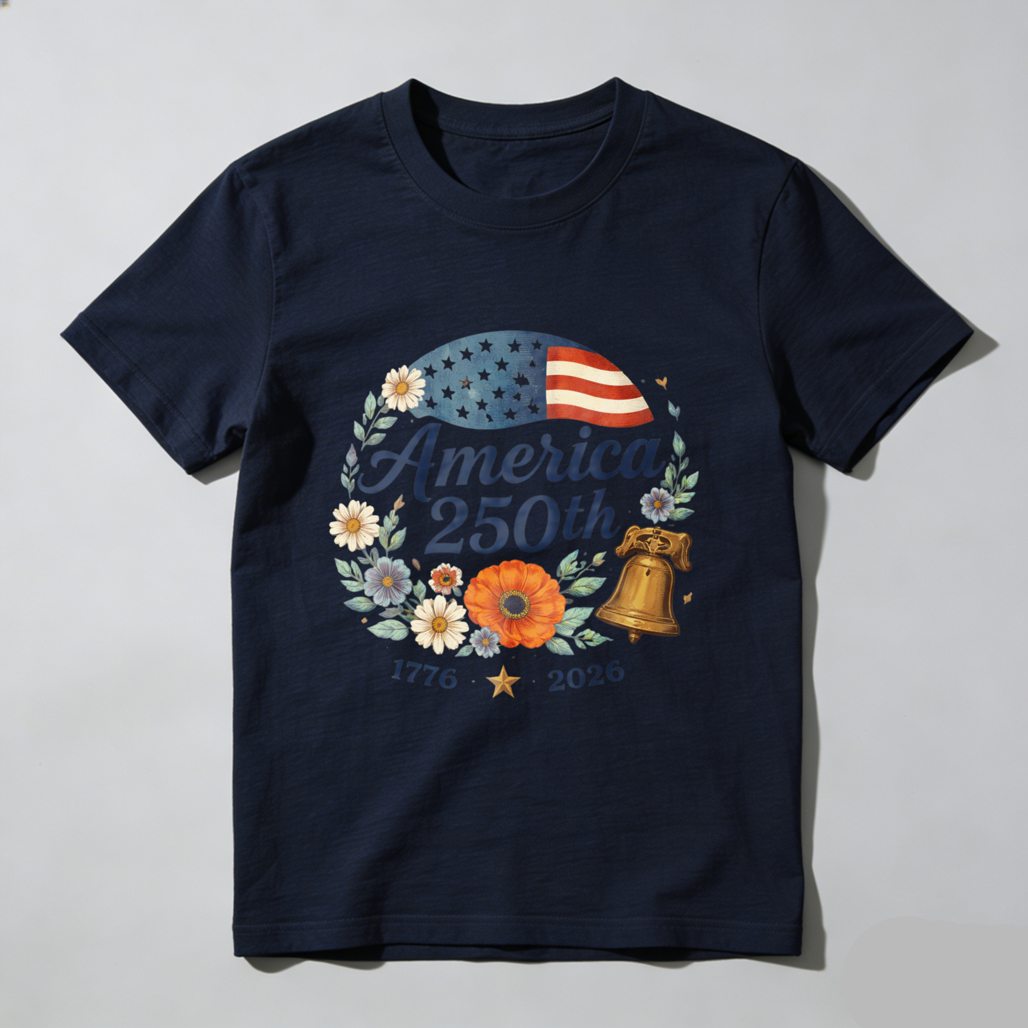 America 250th Anniversary 1776 To 2026 Independence Day Celebration T Shirt With Liberty Bell And Floral Design