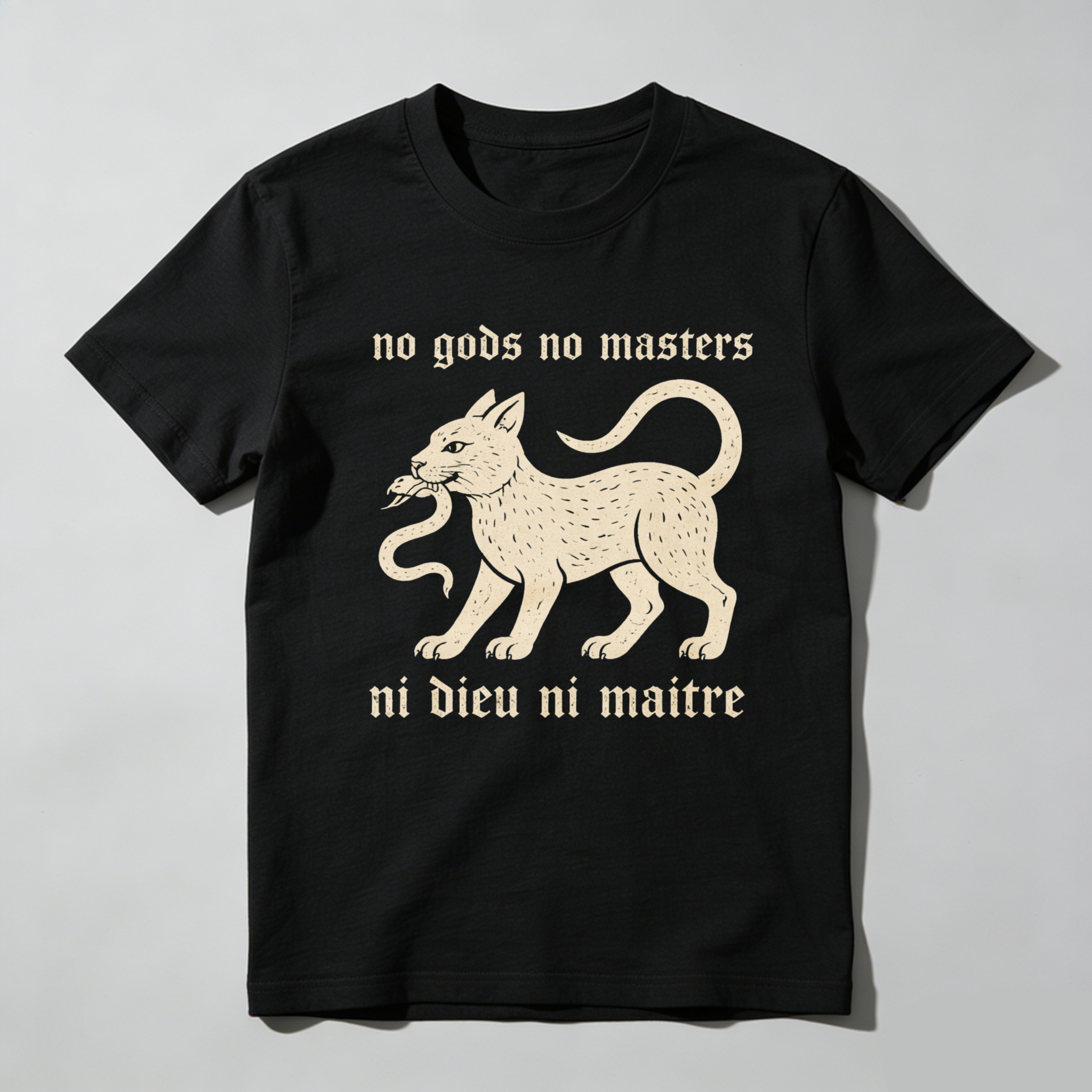 TEECURENTNo Gods No Masters Cat And Snake T Shirt Ni Dieu Ni Maitre Anarchist Statement Black Cotton Tee-TeeCurent