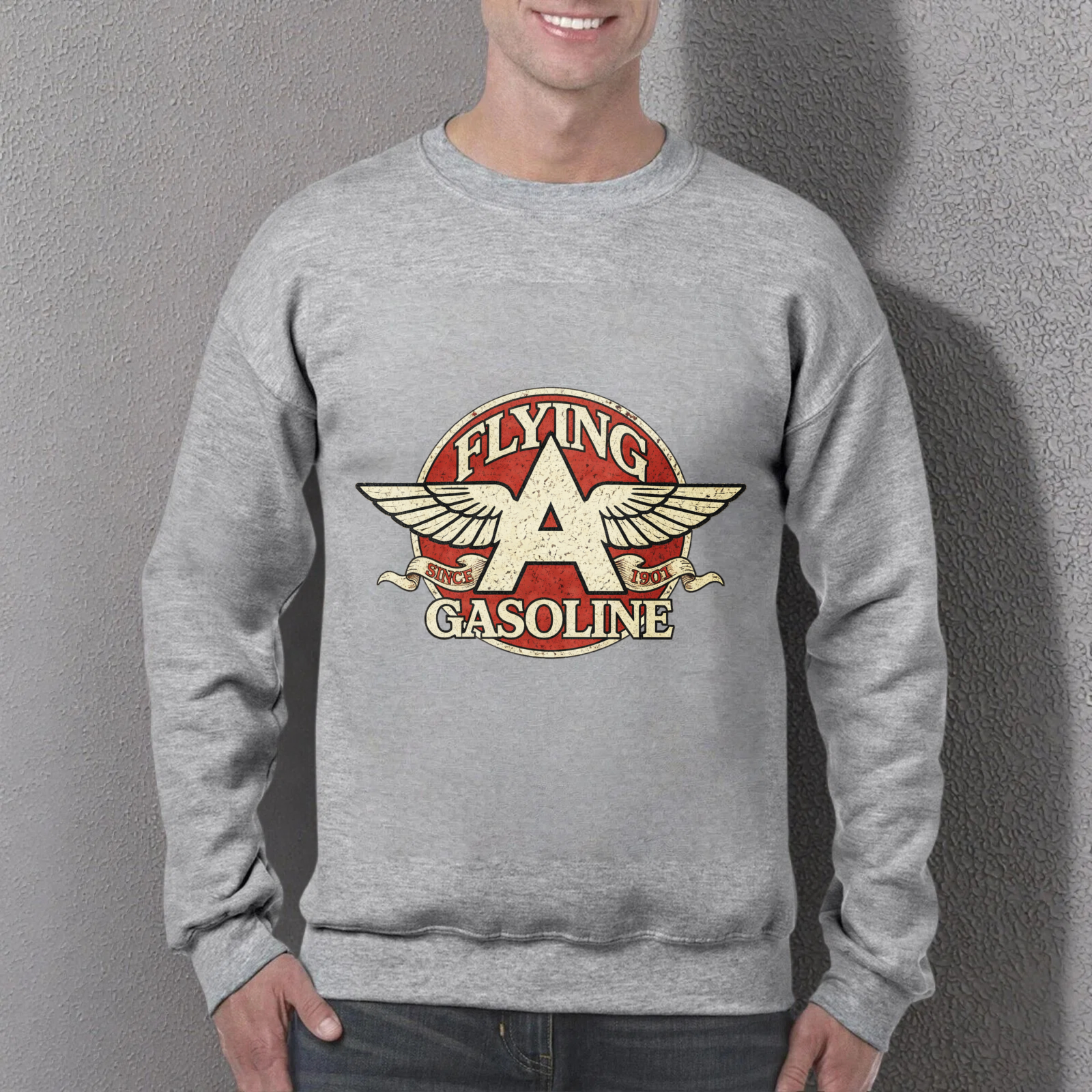 TEECURENT Flying A Gasoline Logo Sweatshirt Black Crewneck Pullover Vintage Aviator Design Men Women Unisex Casual Top