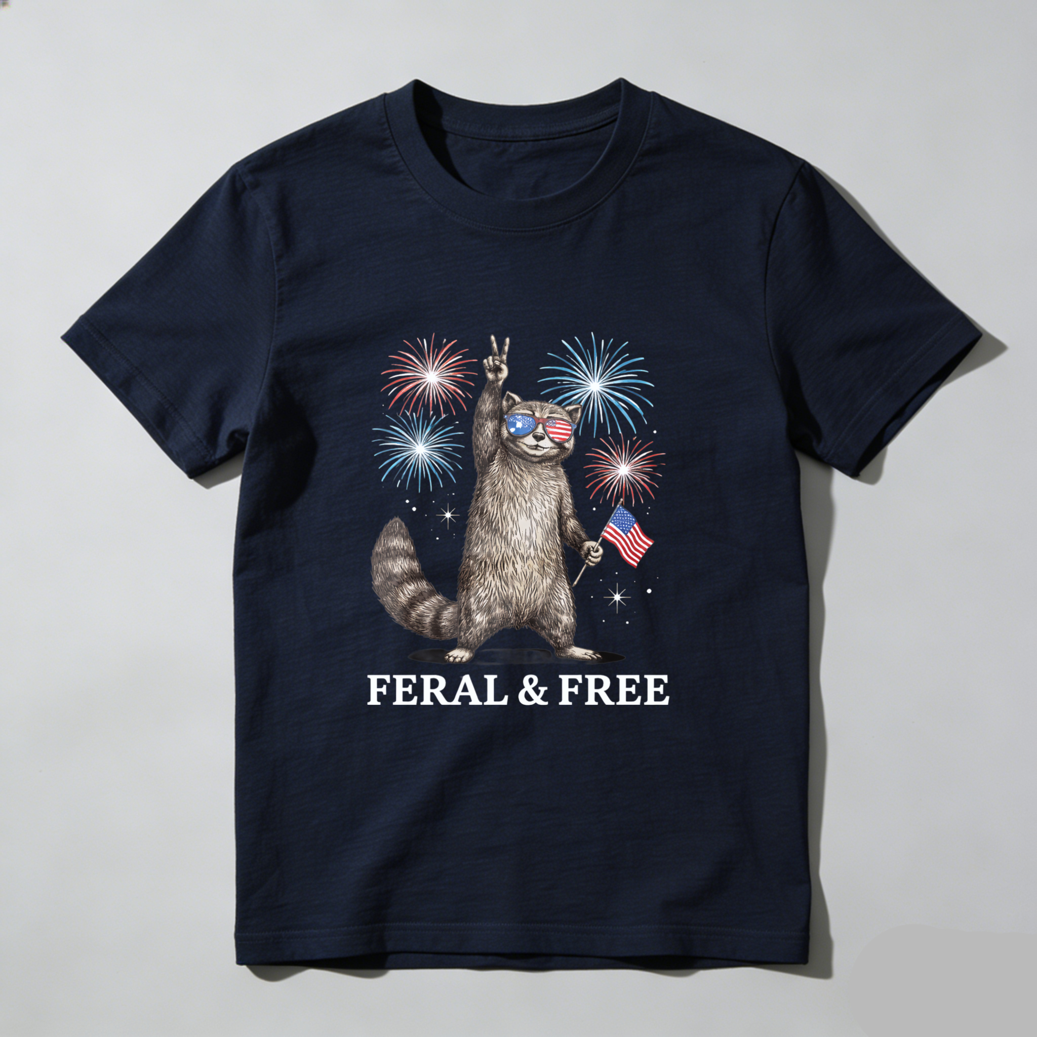 TEECURENT Feral And Free Cat With American Flag And Fireworks T Shirt WOMEN