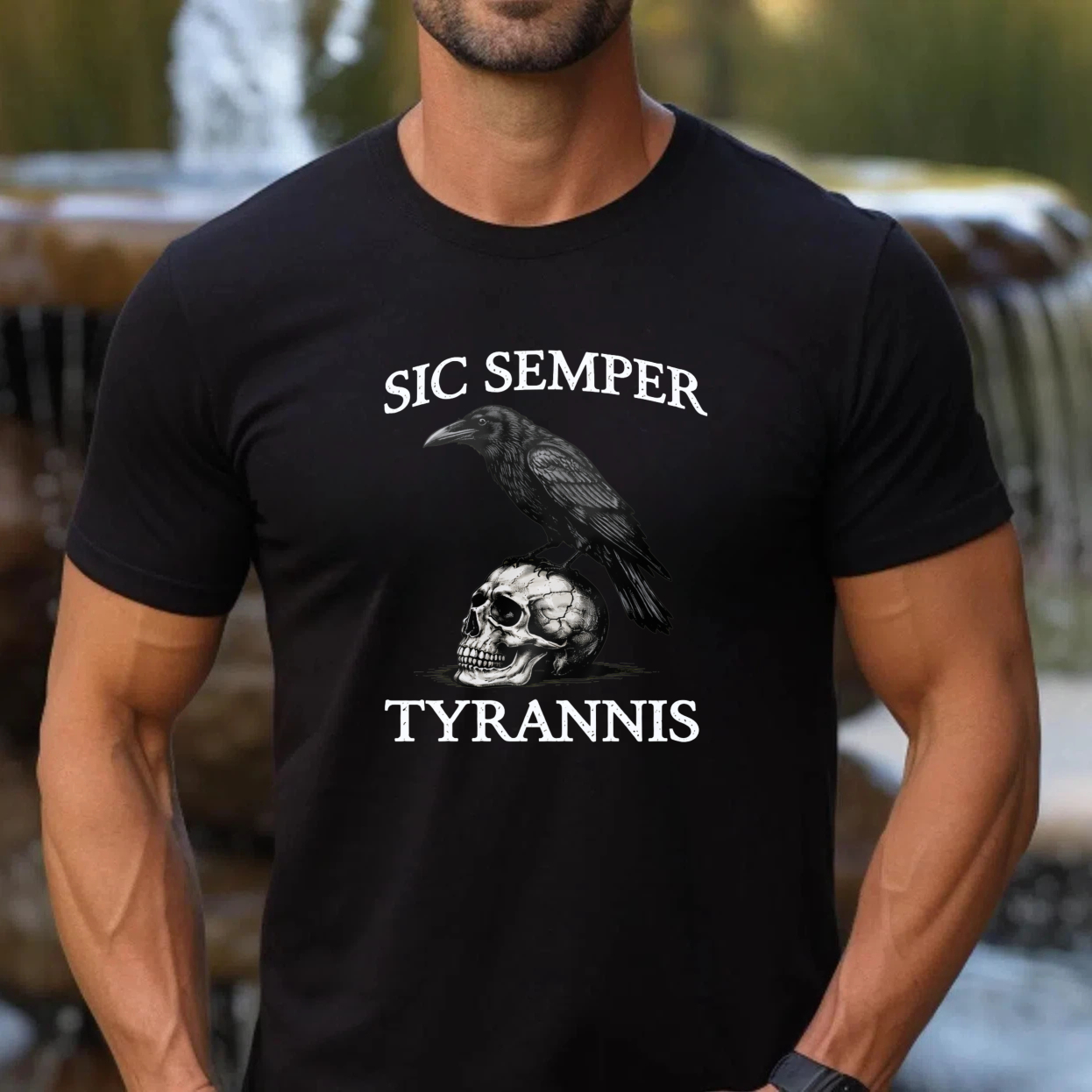 TEECURENTSic Semper Tyrannus Raven Skull T Shirt Black Graphic Tee Men Women Unisex Fashion Statement Top-TeeCurent