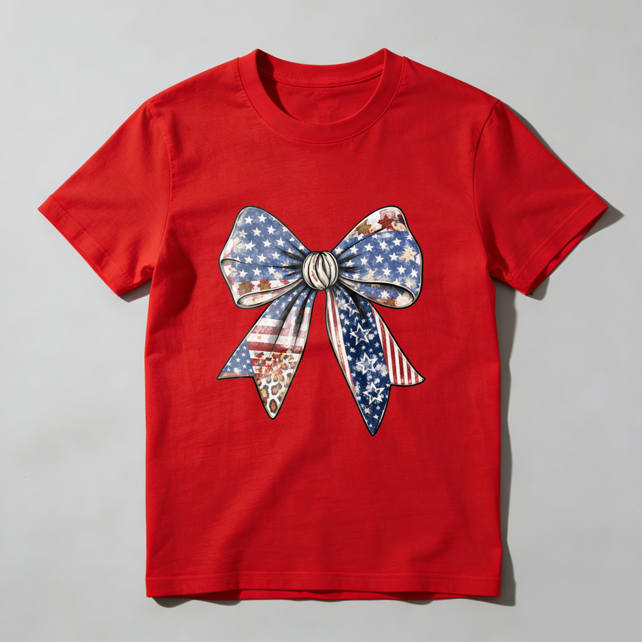 TEECURENT Patriotic American Flag Bow T-Shirt With Stars And Stripes Design For Independence Day Celebration WOMEN