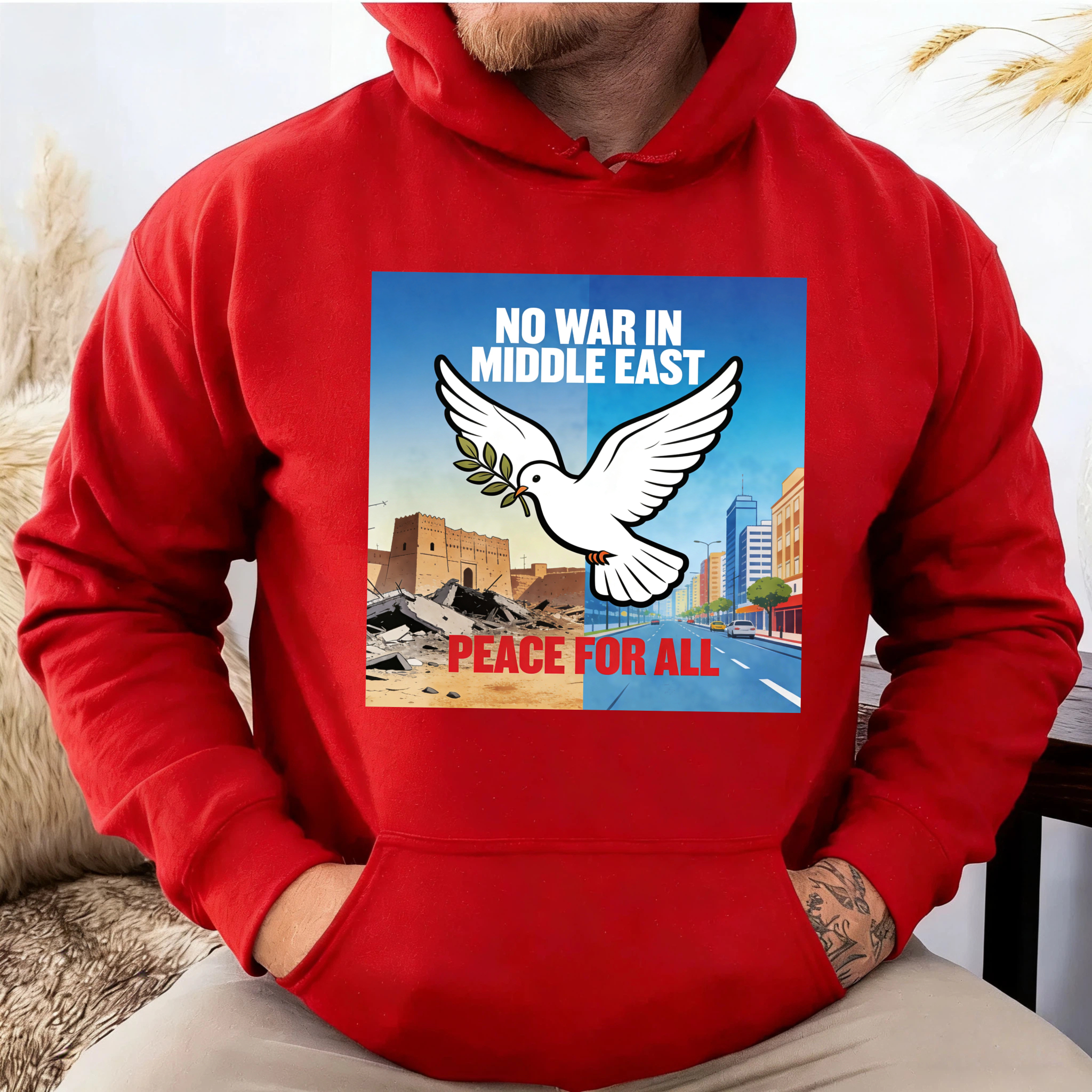 TEECURENT No War In Middle East Peace For All Hoodie With Dove And Olive Branch Graphic Design For Peace Advocacy And Social Awareness
