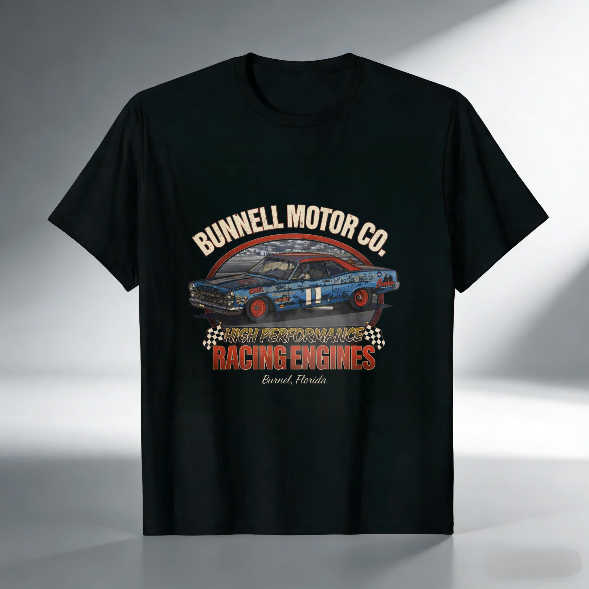 Bunnell Motor Co High Performance Racing Engines T-Shirt Classic Car Garage Logo Black Cotton Shirt For Men And Women