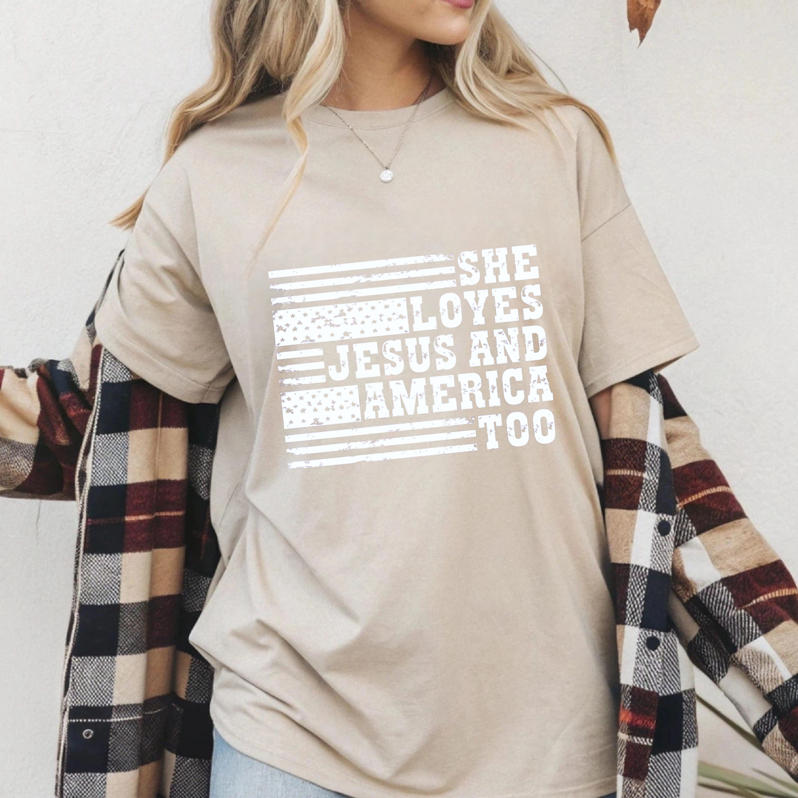 TEECURENT She Loves Jesus And America Too Patriotic Flag T Shirt WOMEN