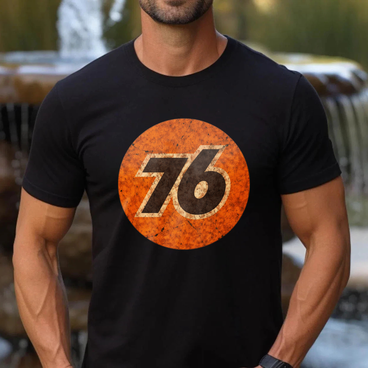 76 Logo Vintage Style Black T Shirt