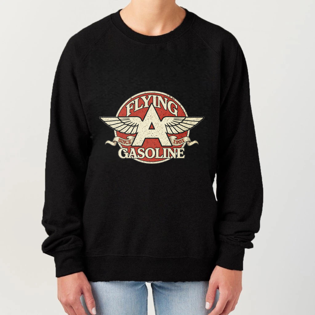 TEECURENT Flying A Gasoline Logo Sweatshirt Black Crewneck Pullover Vintage Aviator Design Men Women Unisex Casual Top