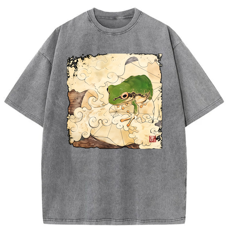 Frog On Clouds With Traditional Art Style tshirt 100% cotton