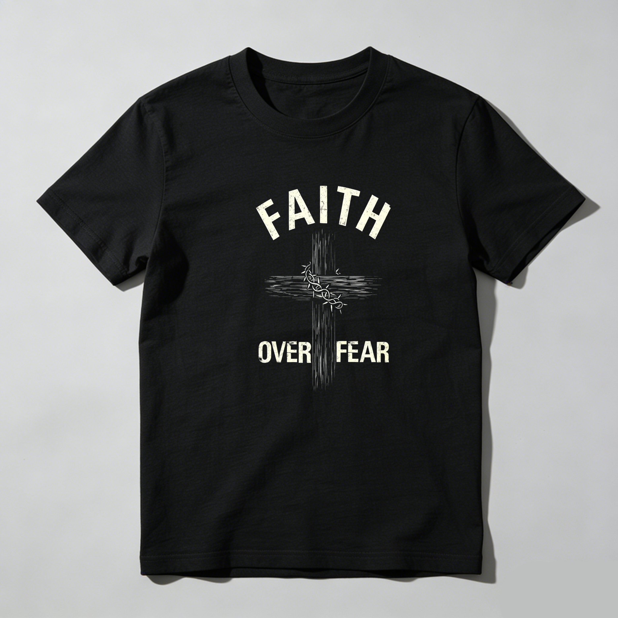 TEECURENT Faith Over Fear Cross Design Pure Cotton Short Sleeve T Shirt-TeeCurent