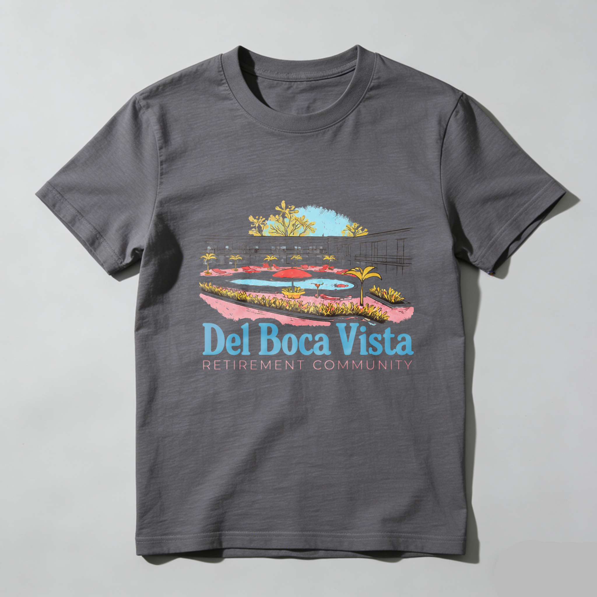 TEECURENT Del Boca Vista Retirement Community T-Shirt With Resort Design And Palm Trees Graphic
