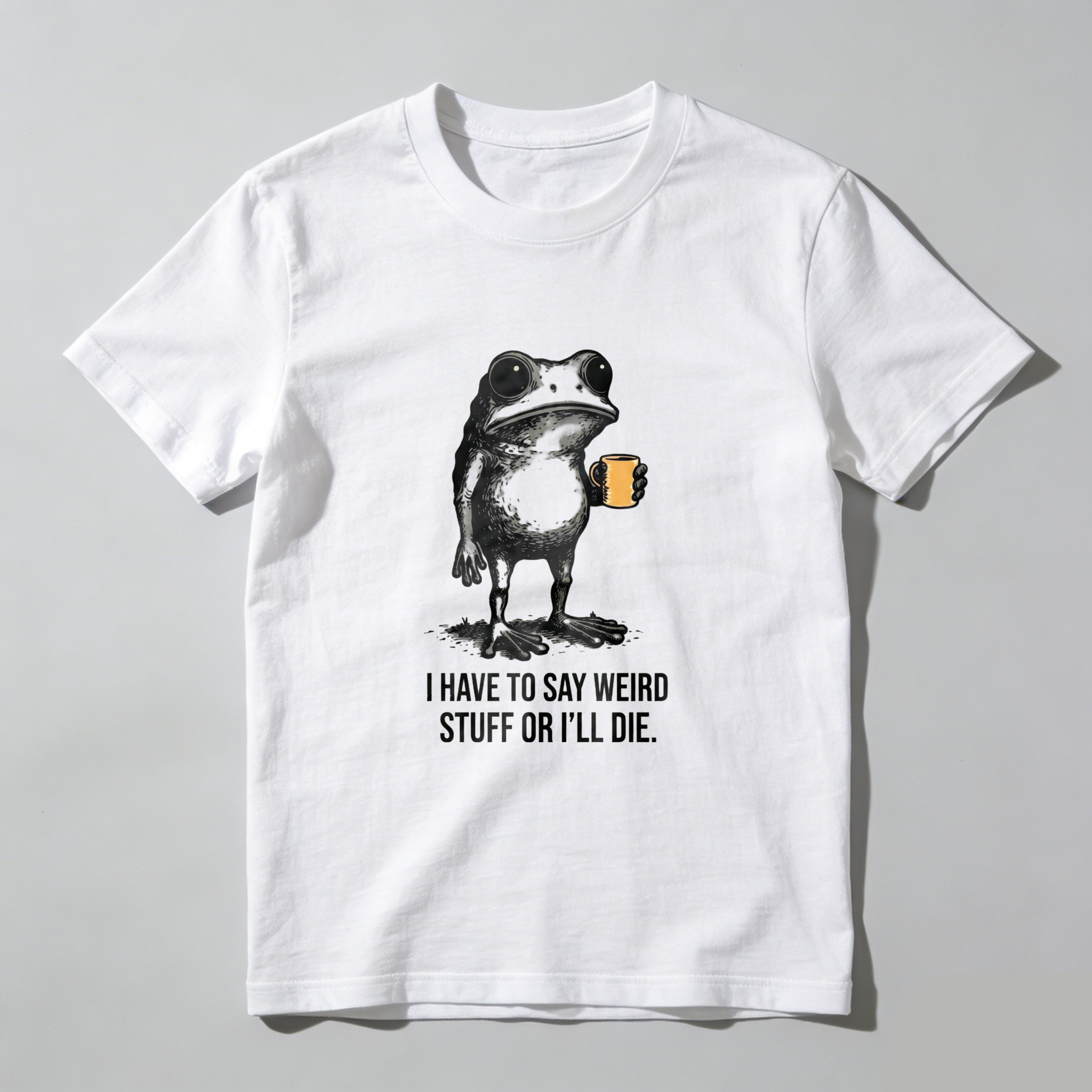 TEECURENT  Frog Holding Mug With Text Pure Cotton Short Sleeve T Shirt- HOT
