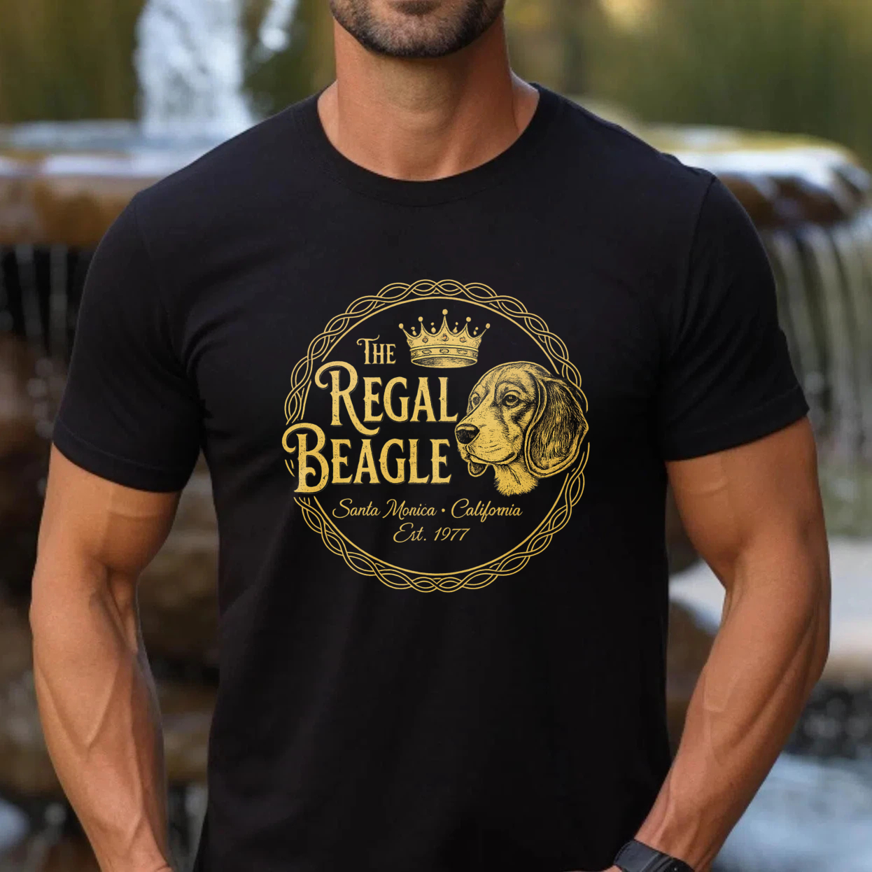 TEECURENT The Regal Beagle Dog T-Shirt Santa Monica California Established 1977 Vintage Canine Graphic Tee Black Gold Design