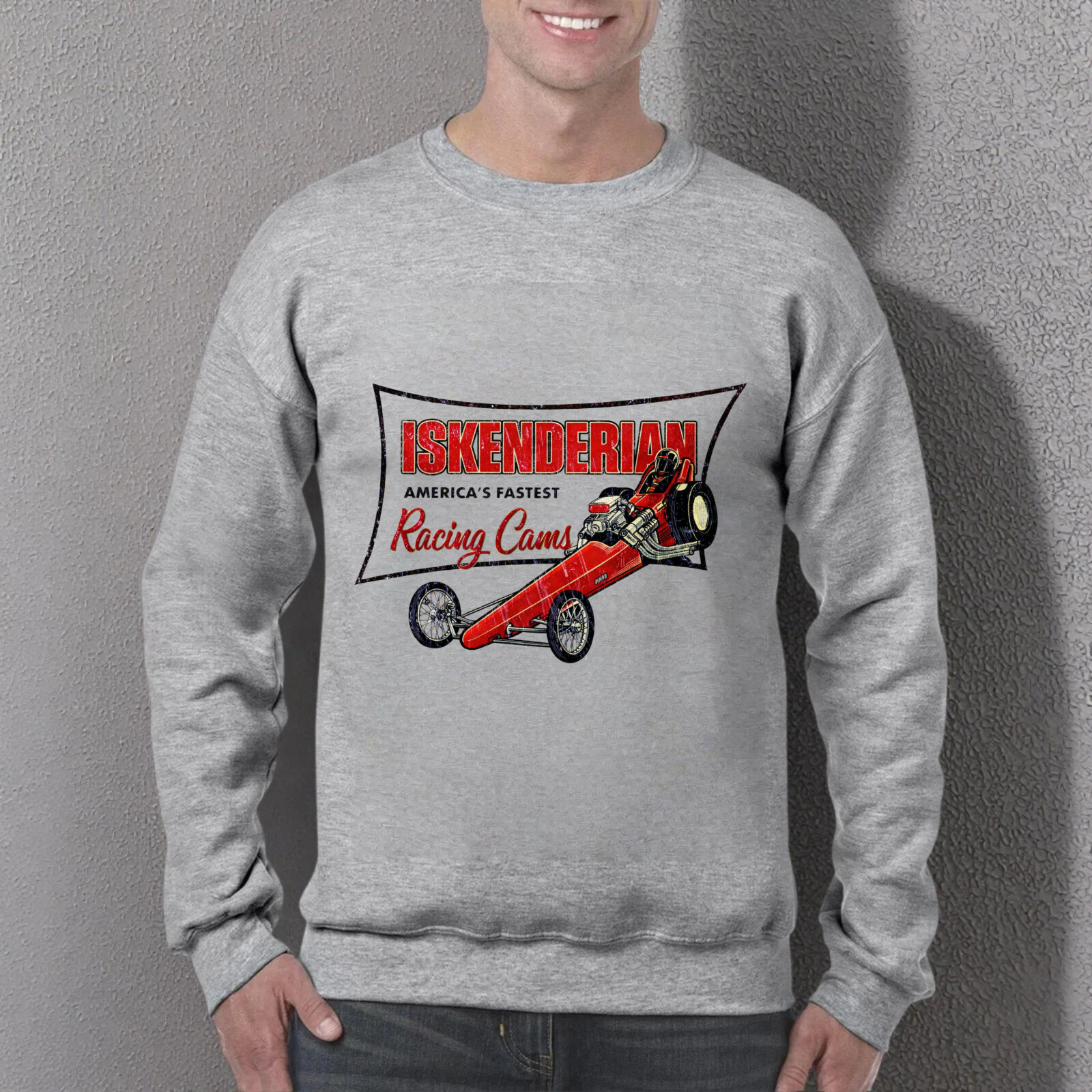 TEECURENT Iskenderian Racing Crew Sweatshirt Black Graphic Print Long Sleeve Pullover Top