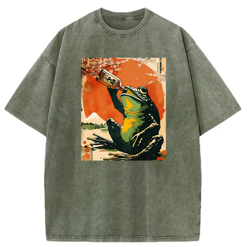 Frog Drinking Sake Under Cherry Blossoms tshirt 100% cotton