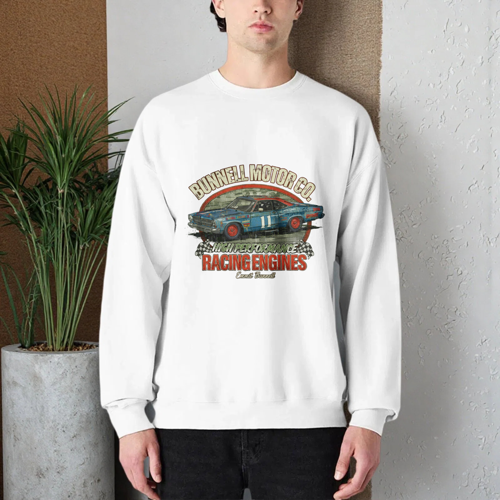 TEECURENT Bunnell Motor Co Racing Engines Sweatshirt Classic Car Graphic Crewneck Pullover Black