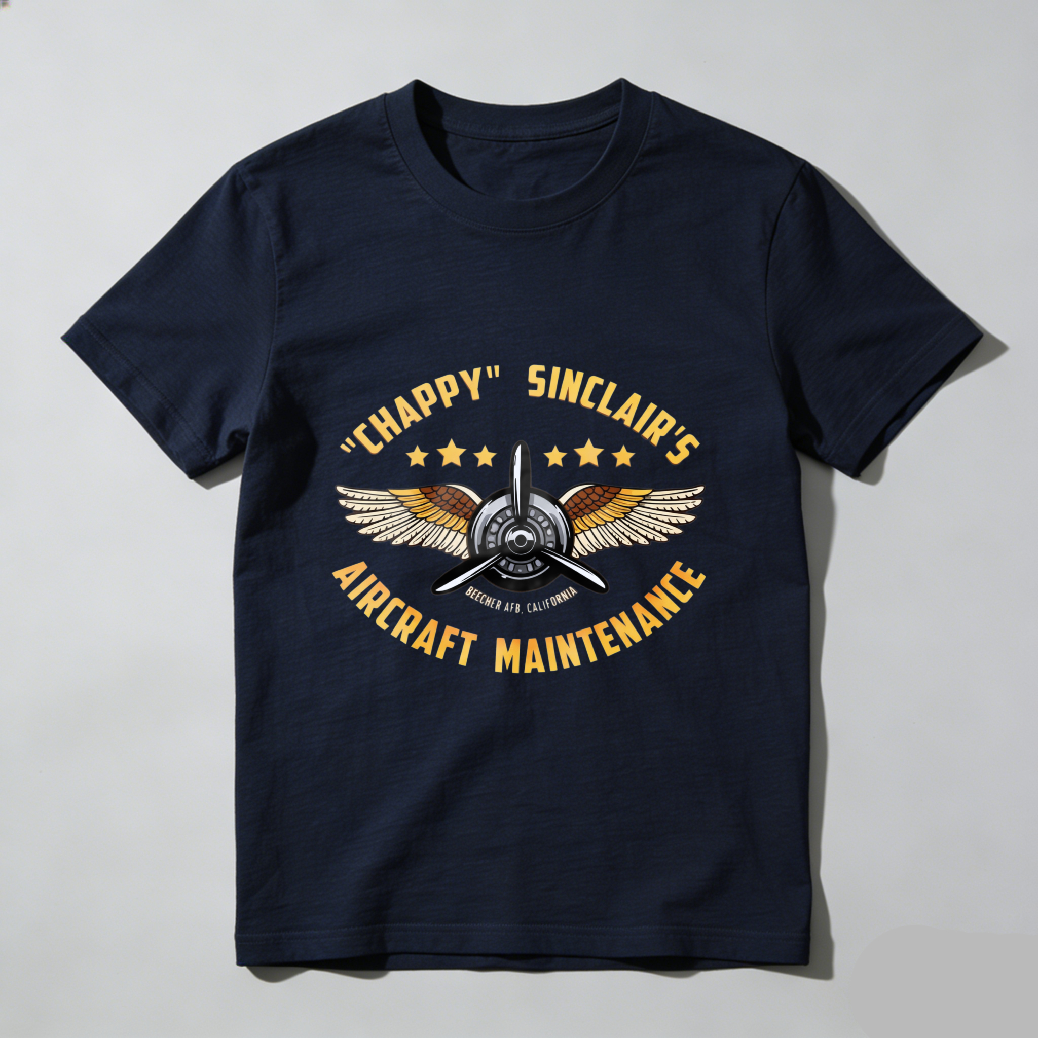 Chappy Sinclairs Aircraft Maintenance T Shirt Black Vintage Aviator Design With Wings And Propeller Logo For Aviation Enthusiasts