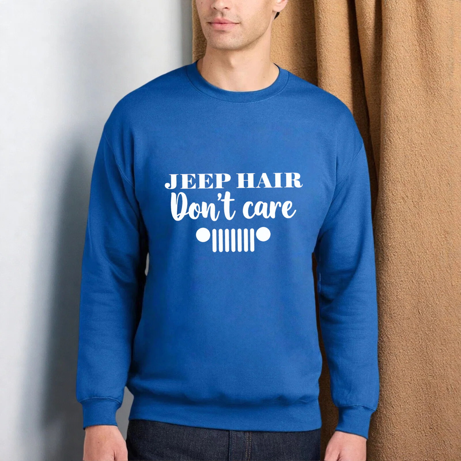 TEECURENT Jeep Hair Dont Care Sweatshirt Unisex Crewneck Pullover Long Sleeve Casual Graphic Shirt For Men Women Outdoor Adventure Fashion Top