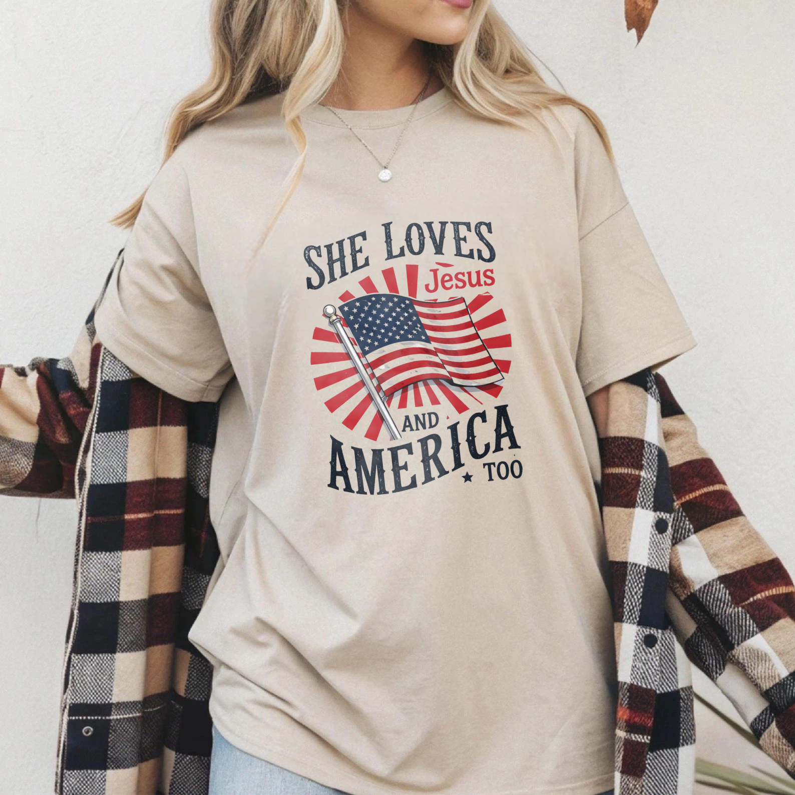 TEECURENT She Loves Jesus And America Too Patriotic Christian T Shirt For Women American Flag Design Black Cotton Top WOMEN