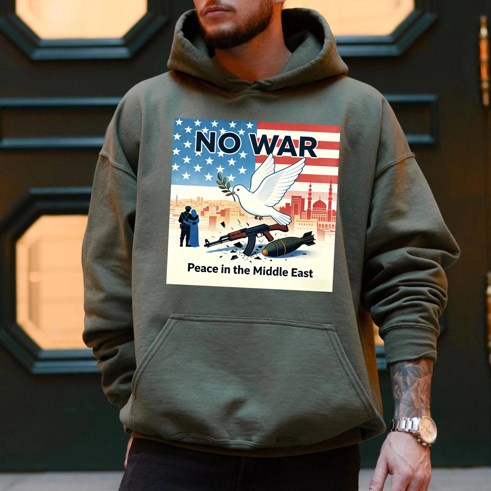 TEECURENT No War Peace In The Middle East Hoodie With American Flag And Dove Design For Peace Advocates