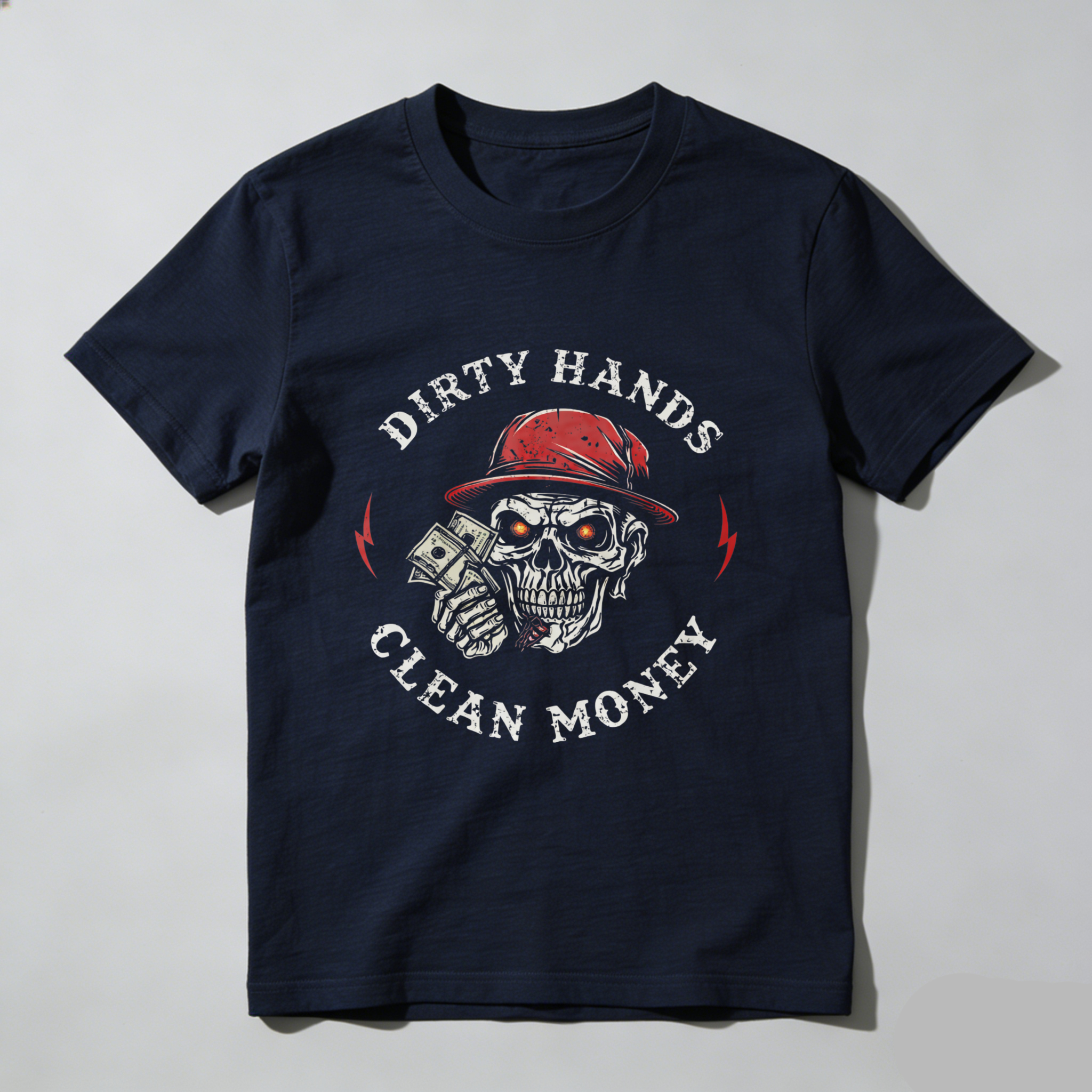 TEECURENT Dirty Hands Clean Money Skull T Shirt With Red Hat And Money Graphic Design For Men And Women