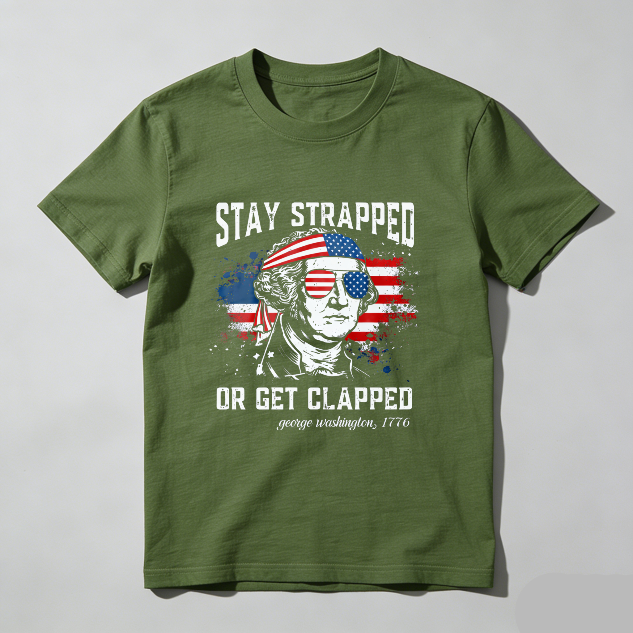 TEECURENT Stay Strapped Or Get Clapped George Washington 1776 American Flag Patriotic T-Shirt WOMEN