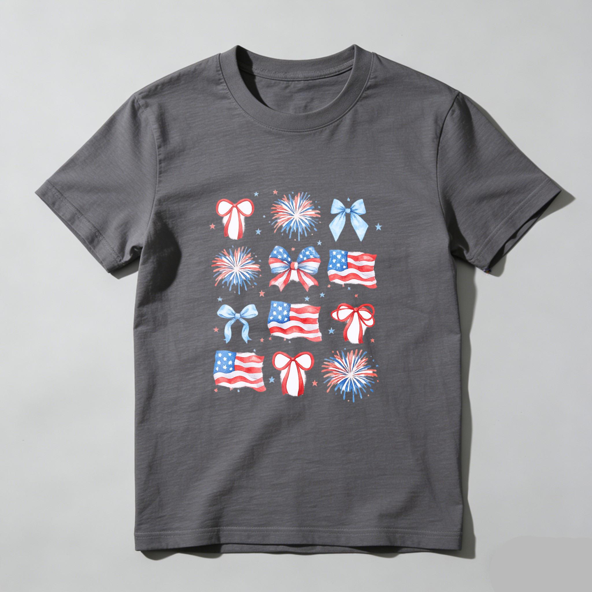 TEECURENT Patriotic American Flag Fireworks Bows And Stars Fourth Of July Independence Day Celebration T Shirt WOMEN