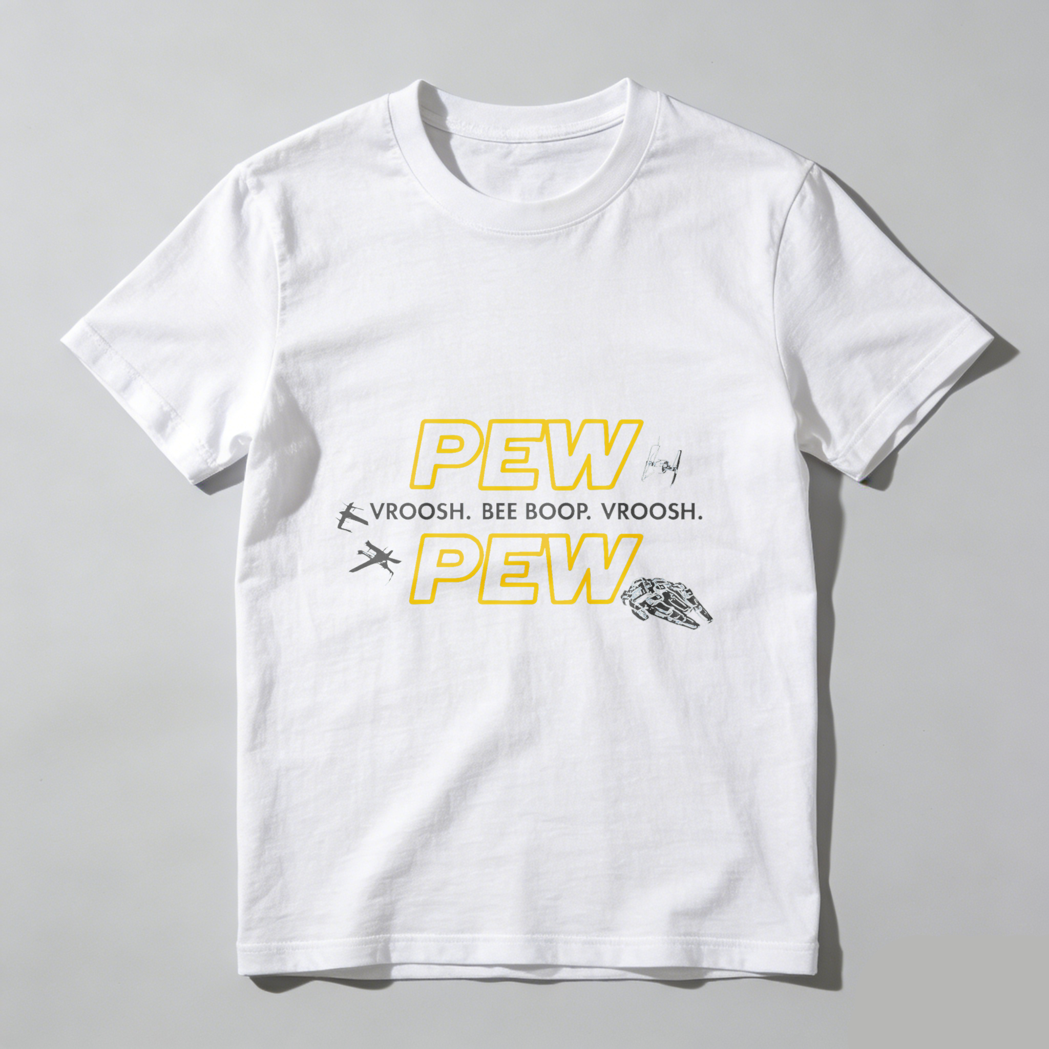 TEECURENT Pew Pew Star Wars Inspired T-Shirt With Spaceship And Sound Effects Design For Fans Of Sci Fi And Pop Culture