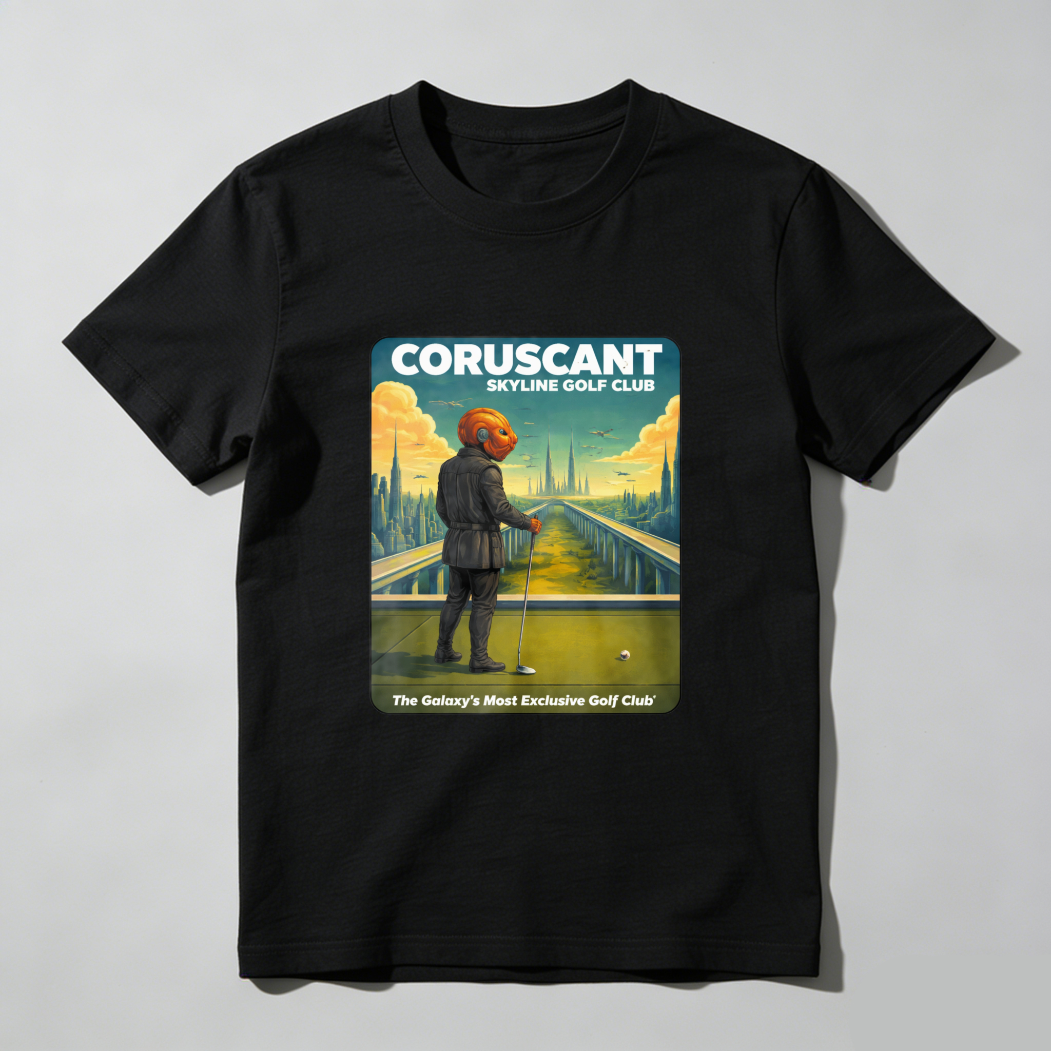 TEECURENT Coruscant Skyline Golf Club Star Wars Inspired T-Shirt Galaxy Exclusive Golf Course Design Black Men's Shirt