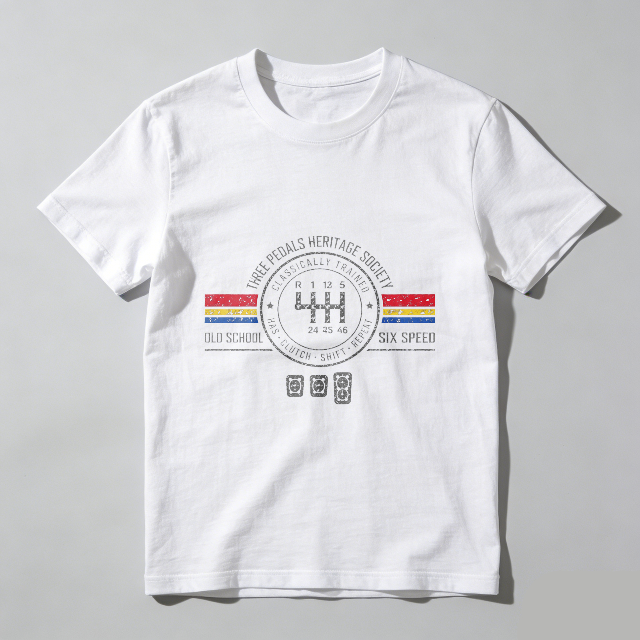 Three Pedals Heritage Society Classic Car Enthusiast T Shirt Old School Six Speed Manual Transmission Automotive Gear Shift Design Men Women Casual Wear