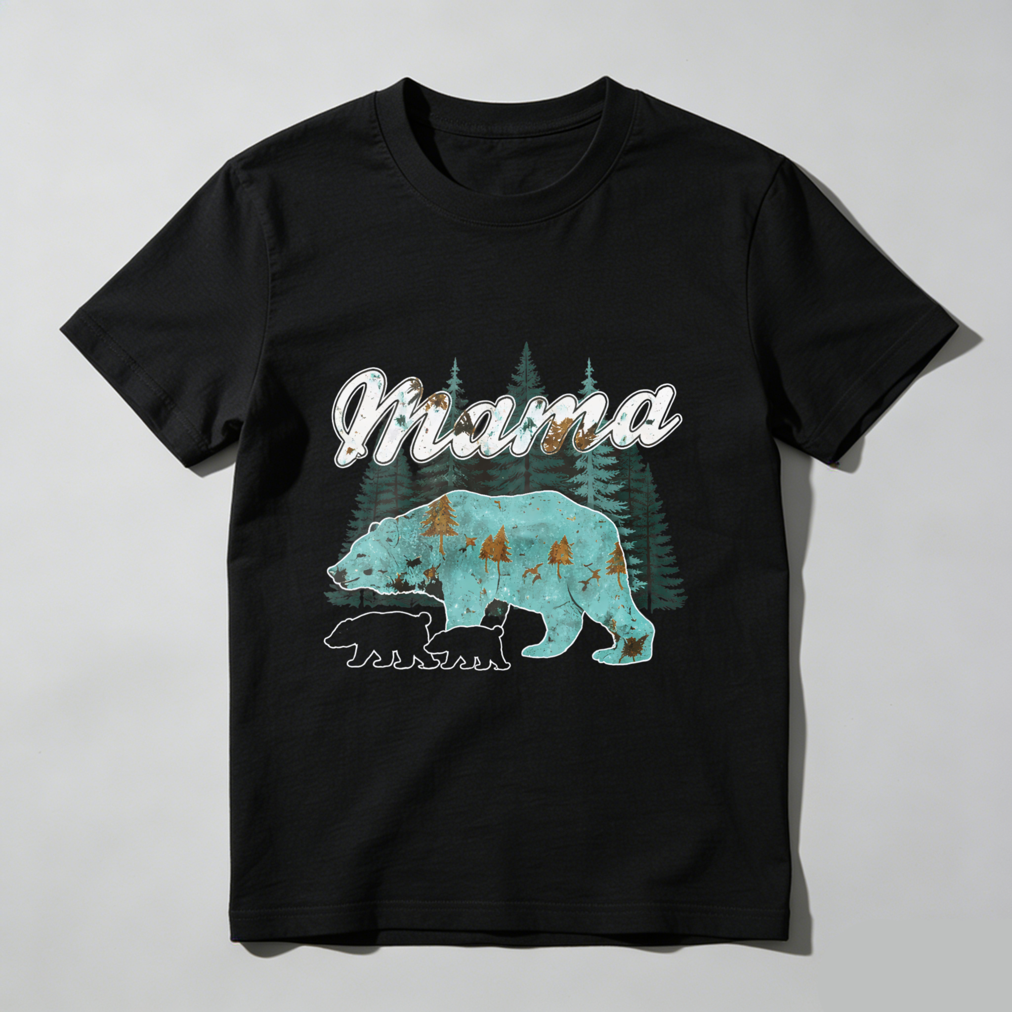 TEECURENT Mama Bear Forest Design Black T Shirt For Women And Men Nature Inspired Graphic Tee With Bear And Trees Pattern Casual Wear WOMEN