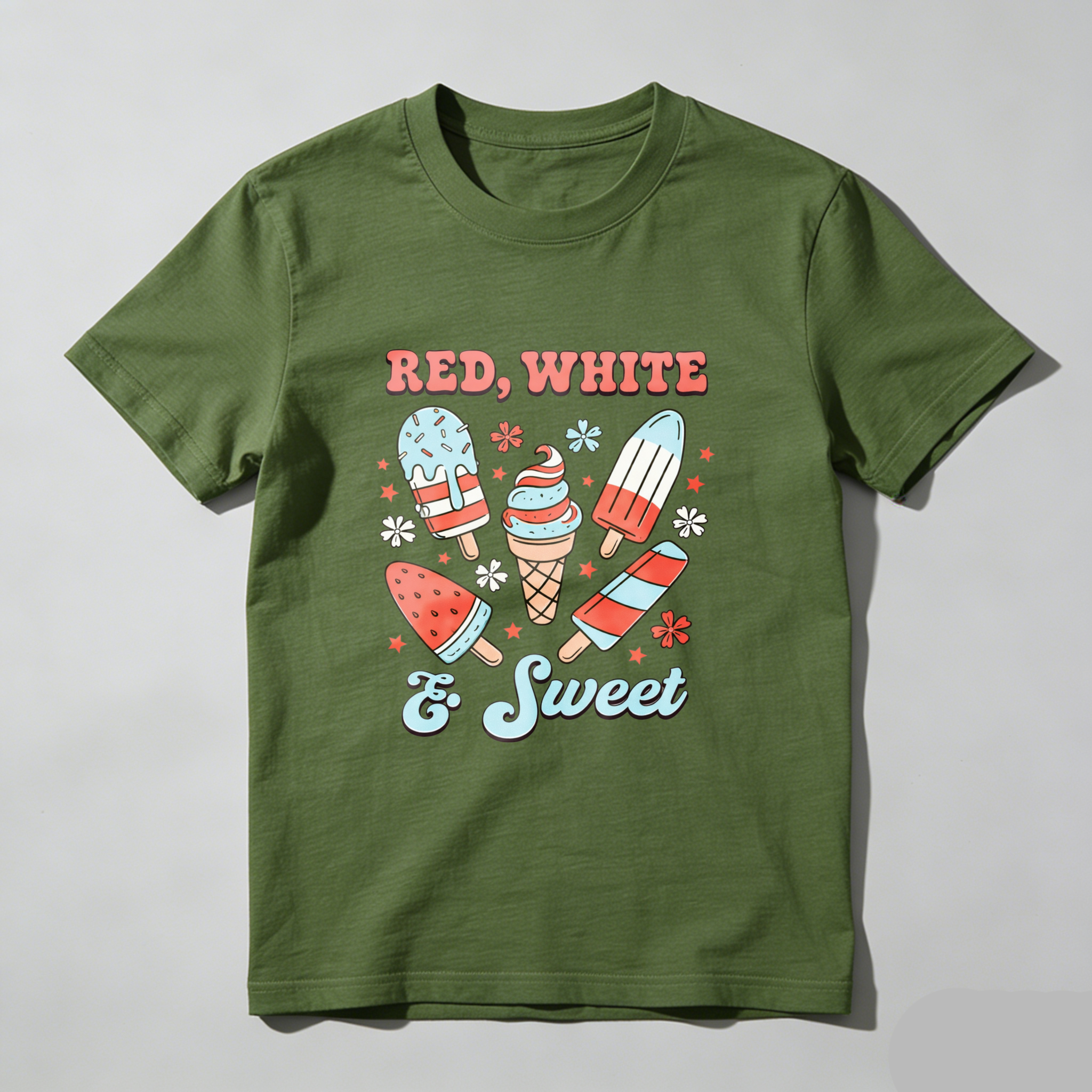 TEECURENT Red White And Sweet Ice Cream Pops Patriotic Summer T Shirt WOMEN